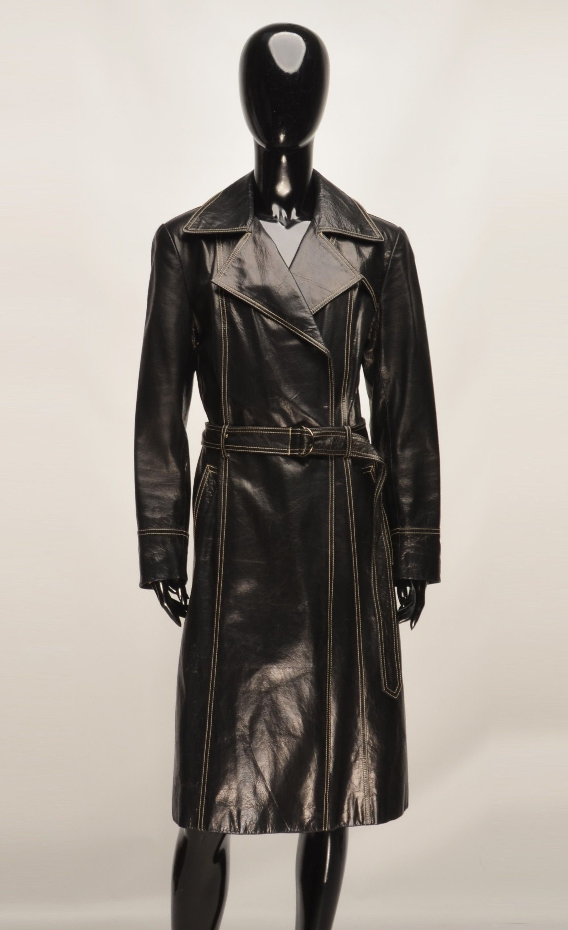 Leonard Paris Vintage Leonardo 90's Black Leather Tiger Lining Trench Coat Size XS / US 0-2 / IT 36-38 - 3 Thumbnail
