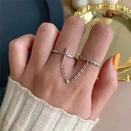 Jewelry x Ring Gold Plated Geometric Double Ring Cross Chain Open Ring in Silver, Men's