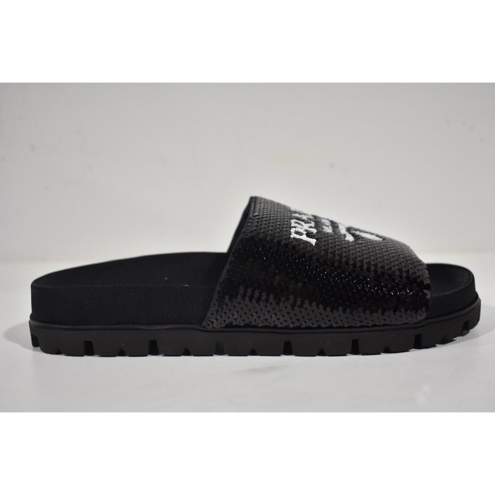Prada Prada Black Sequin White Logo Slide Sandal Slip On Pool Size US 7 / IT 37 - 4 Thumbnail