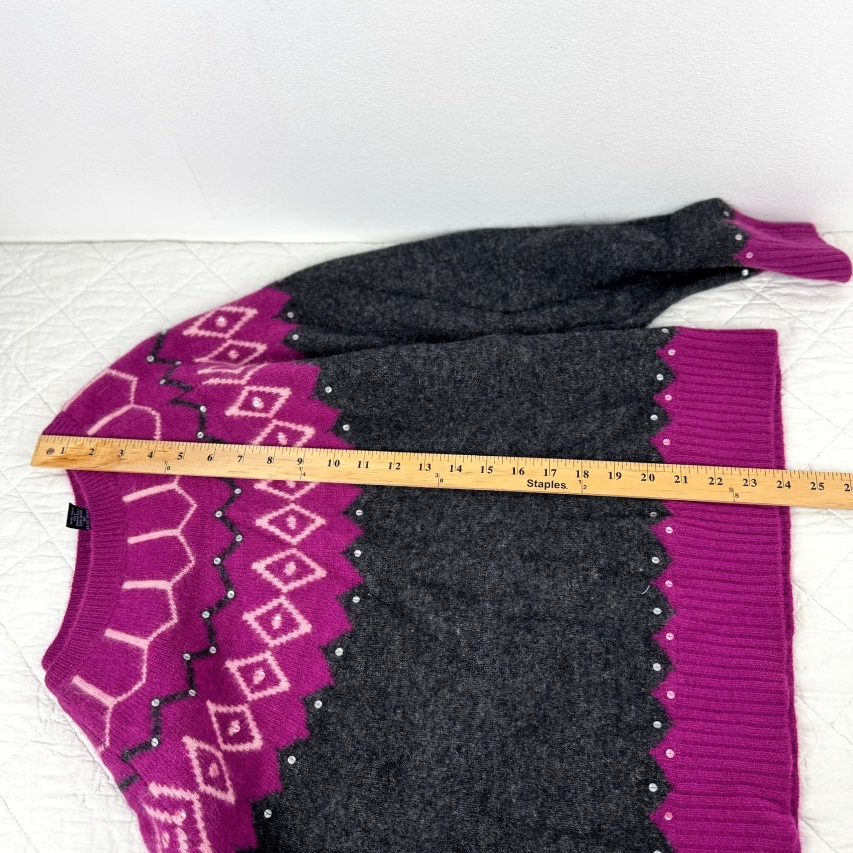 Vintage CONTEXT Sweater Womens XL Gray VTG Wool Angora Blend Fair Isle Sequin Magenta Charcoal Size XL / US 12-14 / IT 48-50 - 6 Thumbnail