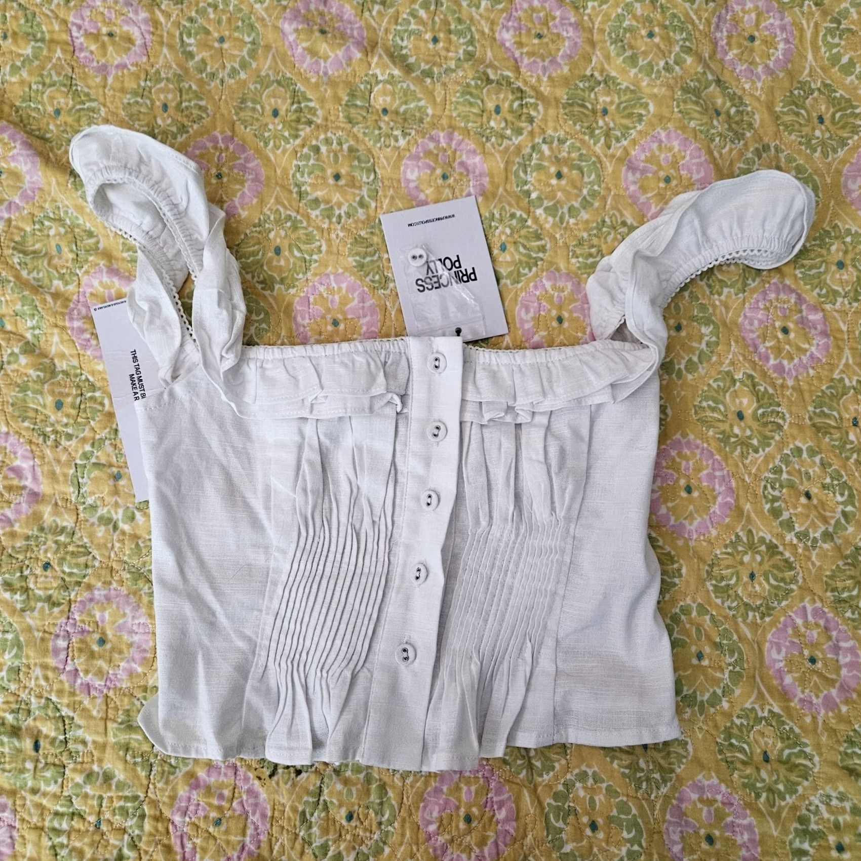 PRINCESS POLLY Princess Polly Iseadoria Frill Women's Cropped Button Up Tank Top Size 0 White Cotton Blend Linen Short Sleeve Regular Knit Shirt Size XS / US 0-2 / IT 36-38 - 2 Thumbnail