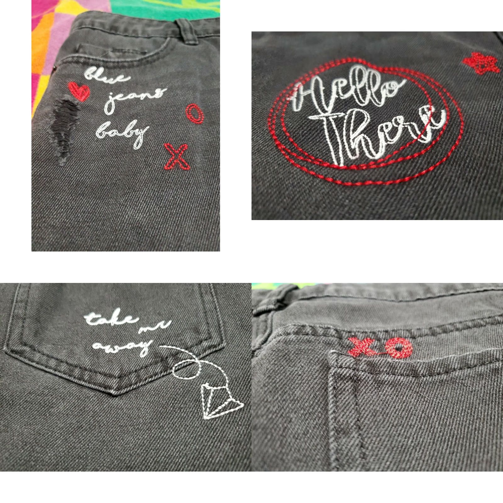 NEXT NEXT Women's Black Raw Hem Embroidered Jean Shorts SZ 14 UK 42 Short Denim Women Dark Black 3in Inseam Embroidered Frayed Jeans Size 36" / US 14 / IT 50 - 8 Thumbnail