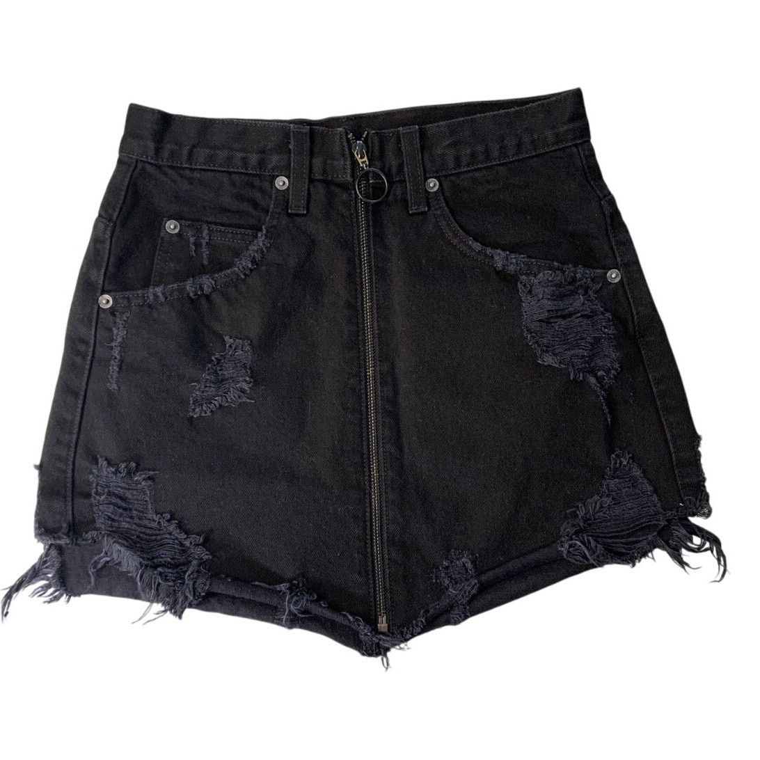 Other Carmar Women's XS Distressed Mini Skirt Black Denim Full Zip Size 26" / US 2 / IT 38 - 1 Thumbnail