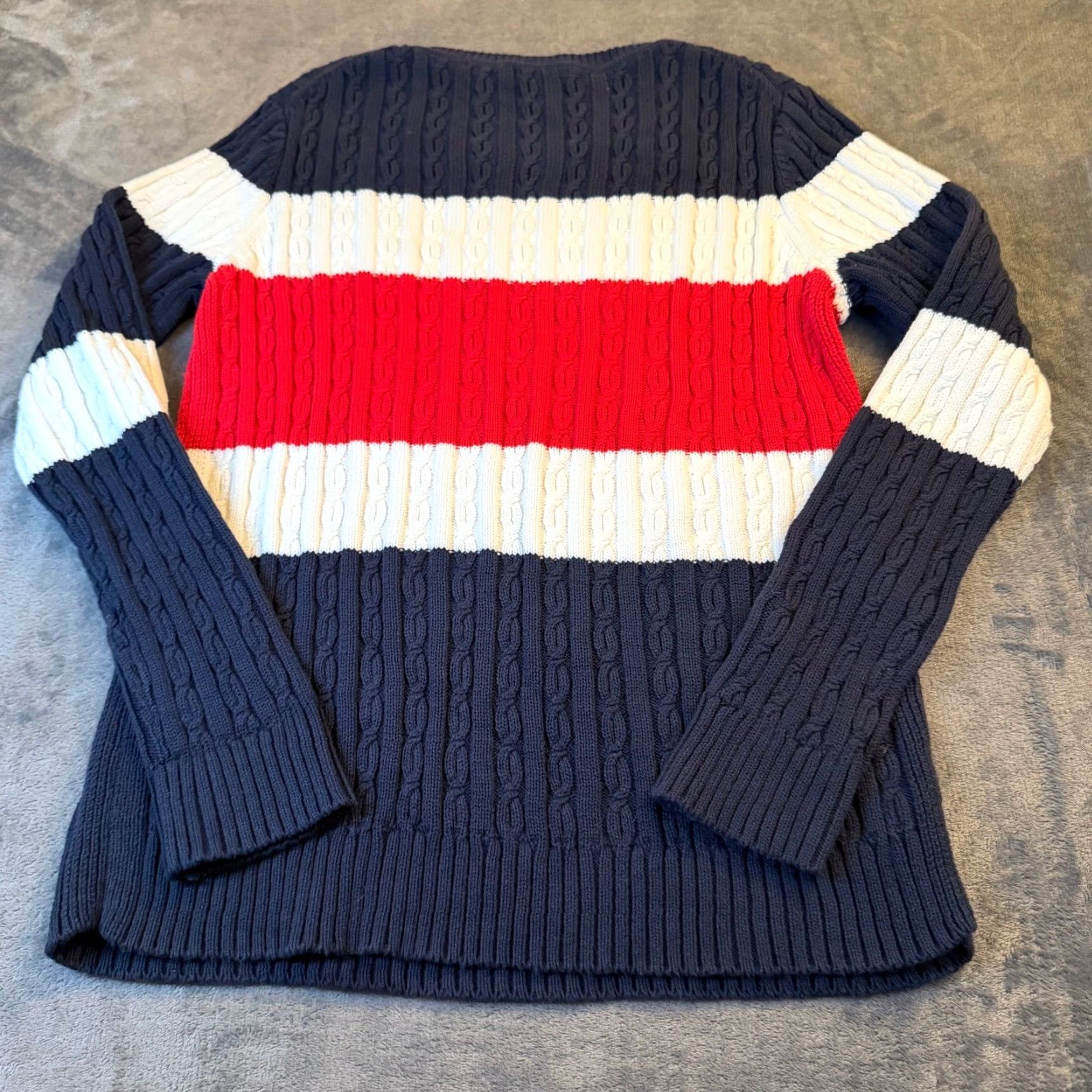 Tommy Hilfiger Tommy Hilfiger Sweater Womens Large Navy Red White Cable Knit Stripe Crew Neck Size L / US 10 / IT 46 - 4 Thumbnail