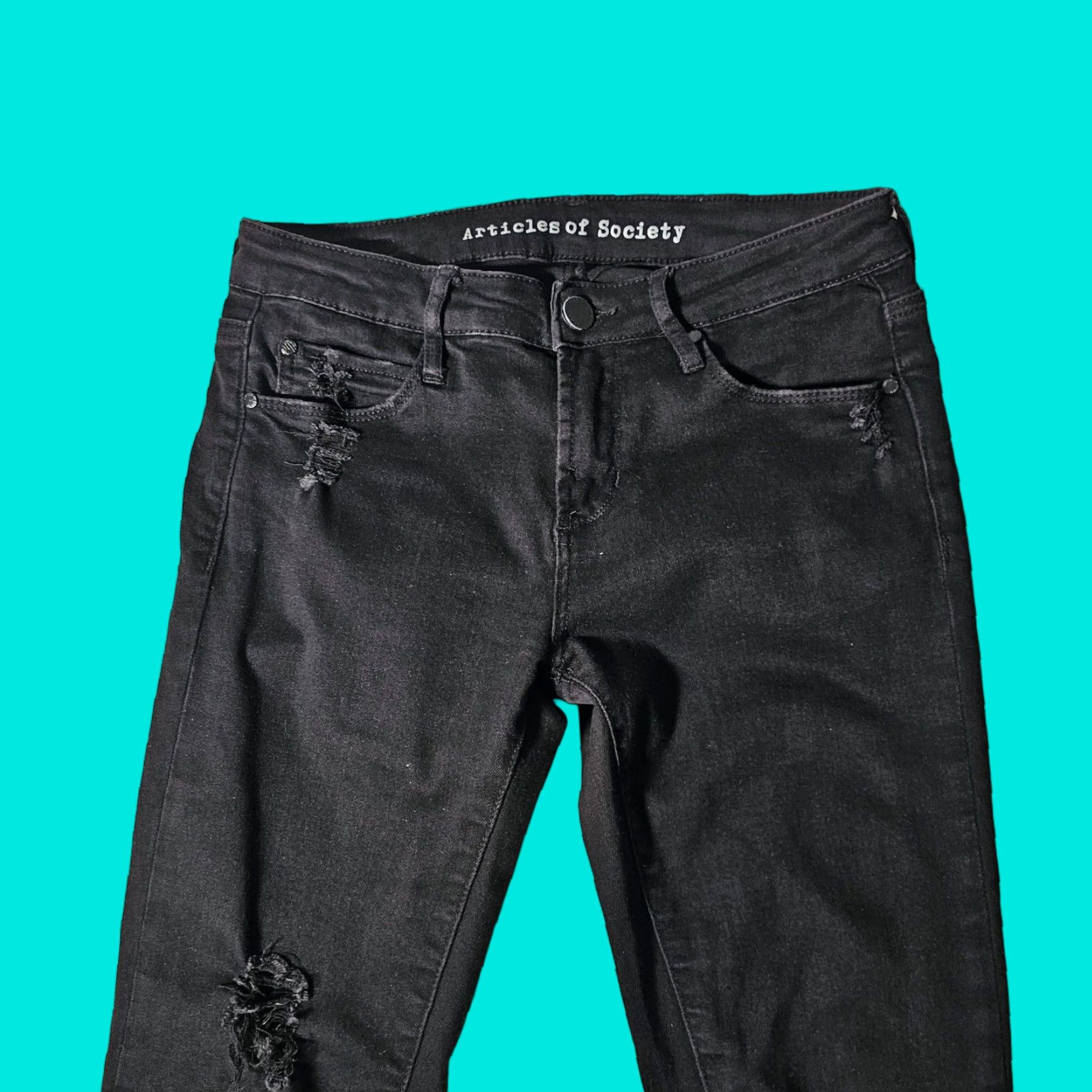 Vintage Articles Of Society Jeans Women's 26 Black Denim Low Rise Skinny Distressed Jeans Size 26" / US 2 / IT 38 - 1 Thumbnail