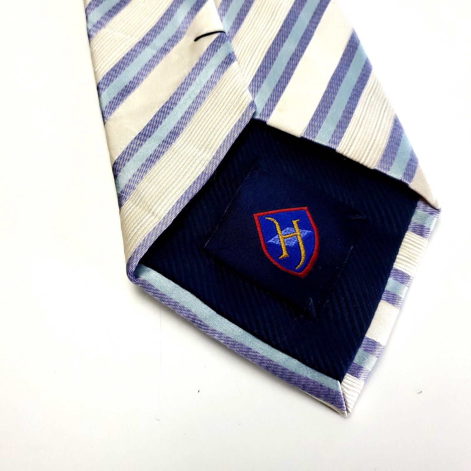 Designer Henry Jacobson Silk Tie Woven Cream Blue Striped Wide Size ONE SIZE - 4 Thumbnail