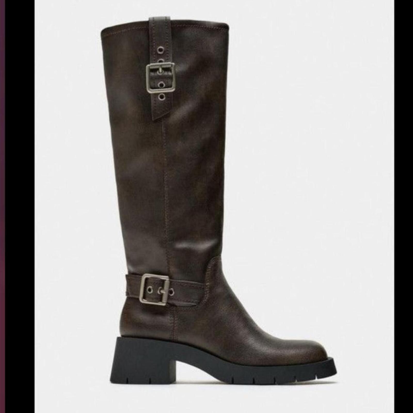 Zara Zara Brown leather knee high boots with buckle detail Size US 9 / IT 39 - 1 Thumbnail