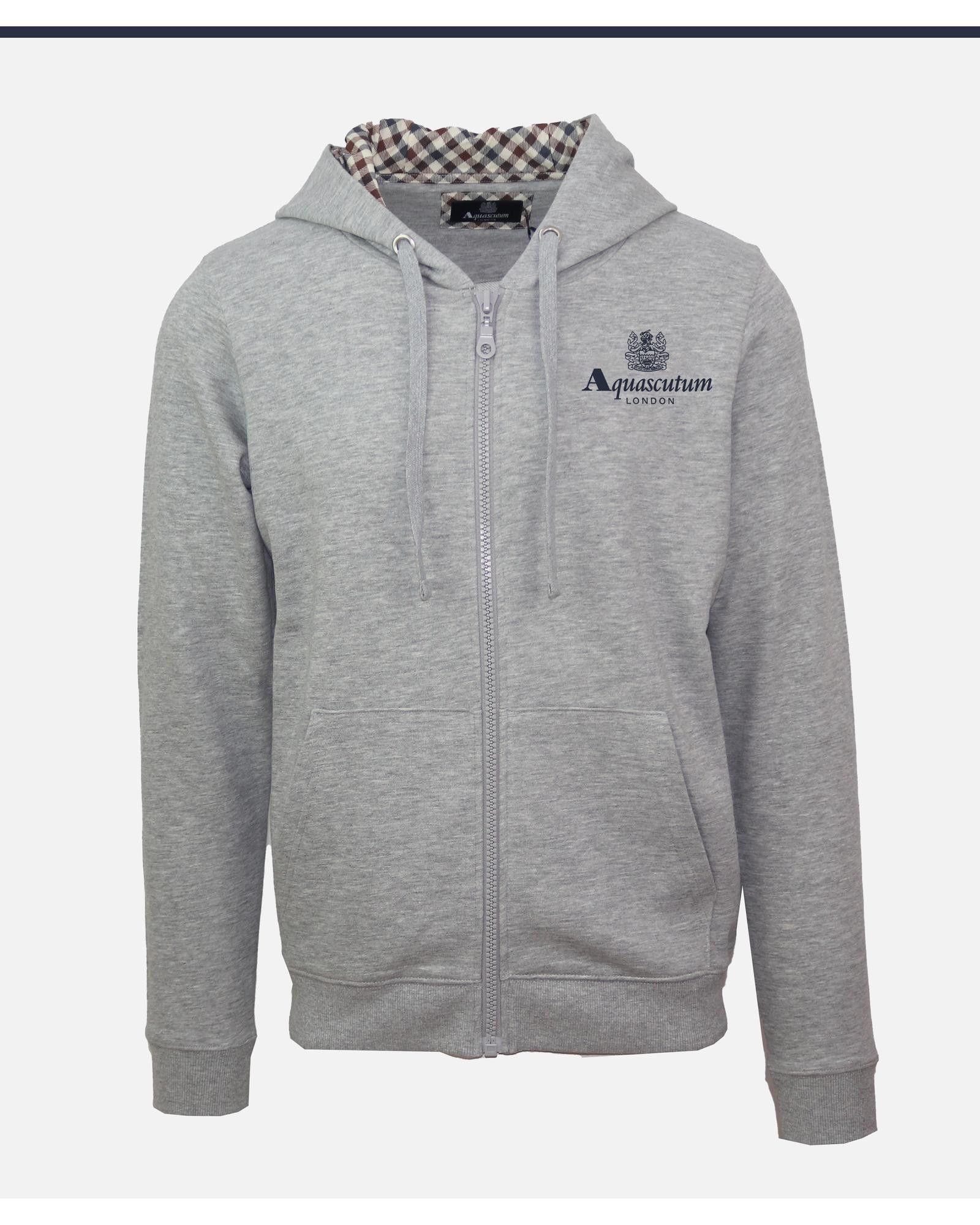 image of Aquascutum Solid Cotton Zip Sweatshirt With Fixed Hood in Grey, Men's (Size 2XL)