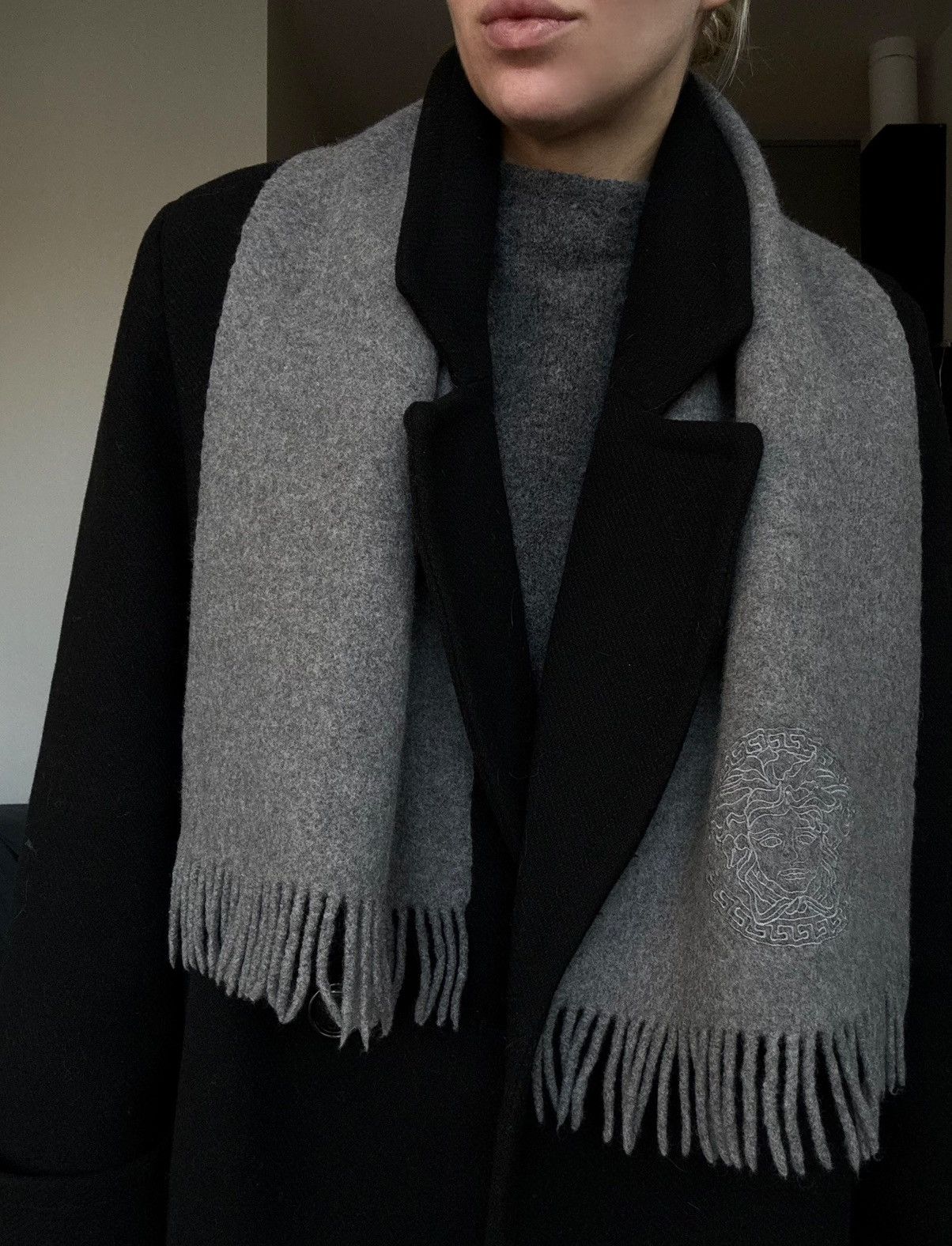 Versace Versace Medusa Embroidered Wool Gray Scarf Size ONE SIZE - 1 Thumbnail