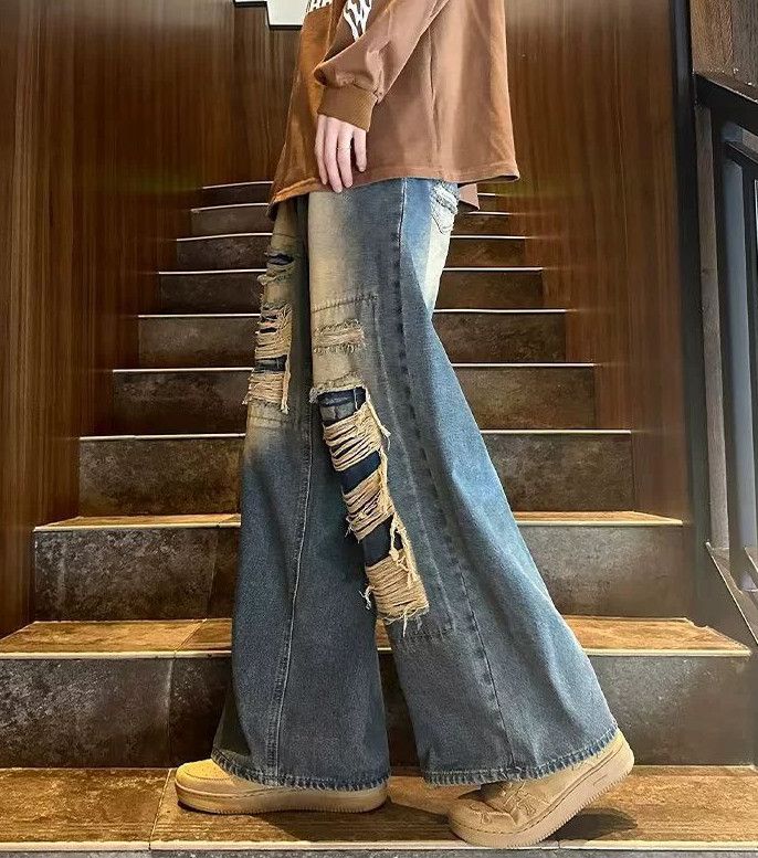 Japanese Brand Men's American retro loose wide-leg straight ripped jeans Size US 32 / EU 48 - 3 Thumbnail