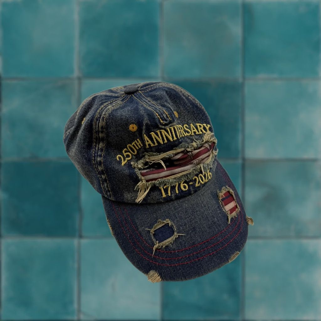 Denime VINTAGE USA 250th Anniversary Hat Cap Strap Back One Size Blue Denim Distressed USA Mens Size ONE SIZE - 1 Thumbnail
