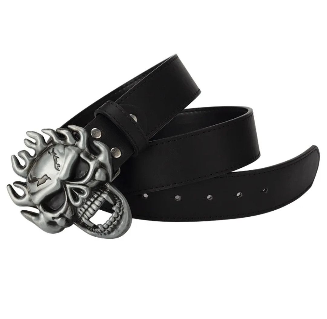Japanese Brand × Leather Fire Hair Skull Belt Buckle 40 mm Belt in 100/110/120/130 Size ONE SIZE - 1 Thumbnail