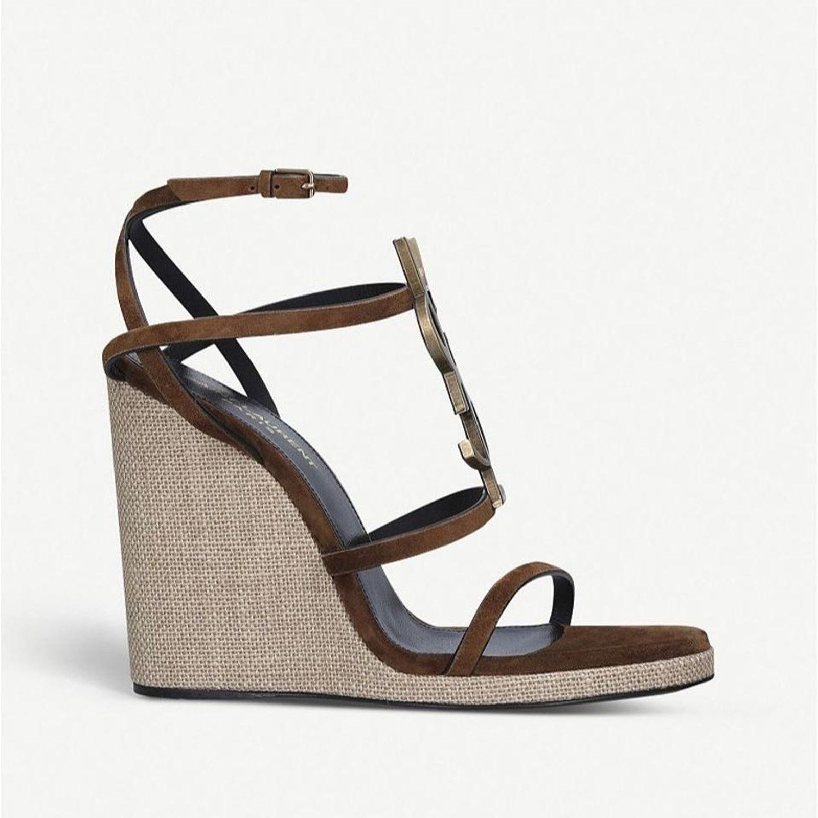 Saint Laurent Paris Cassandra 115 YSL logo suede leather wedges sandals Size US 8.5 / IT 38.5 - 2 Thumbnail
