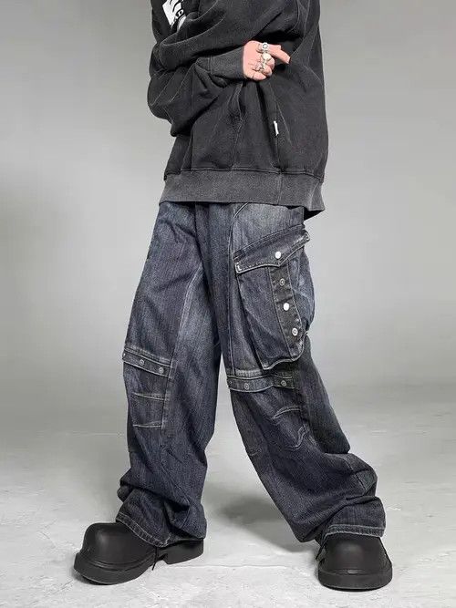 image of Heavy Industrial Style Washed Studded Large Pocket Jeans in Blue, Men's (Size 32)