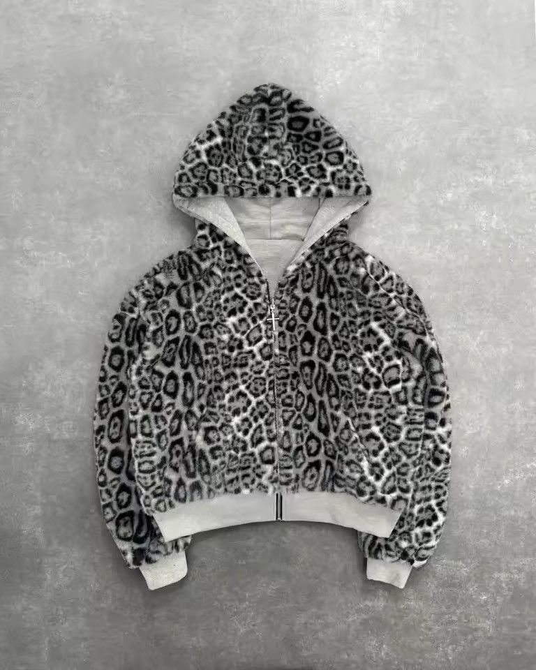 Leopard Print Zipper Hoodie with Fuzzy Lining