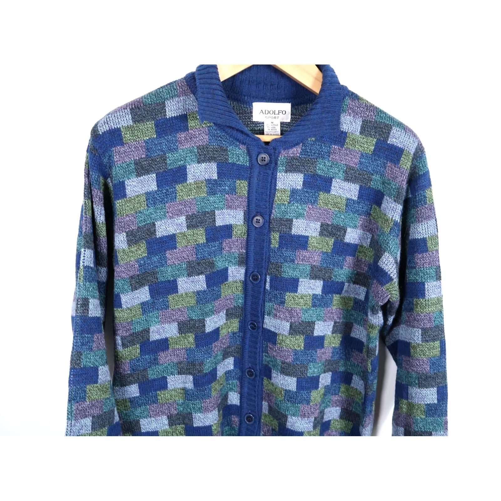 Vintage Adolfo Wool Blend Cardigan Women's Medium Blue Check Pattern Collared Sweater Size M / US 6-8 / IT 42-44 - 4 Thumbnail