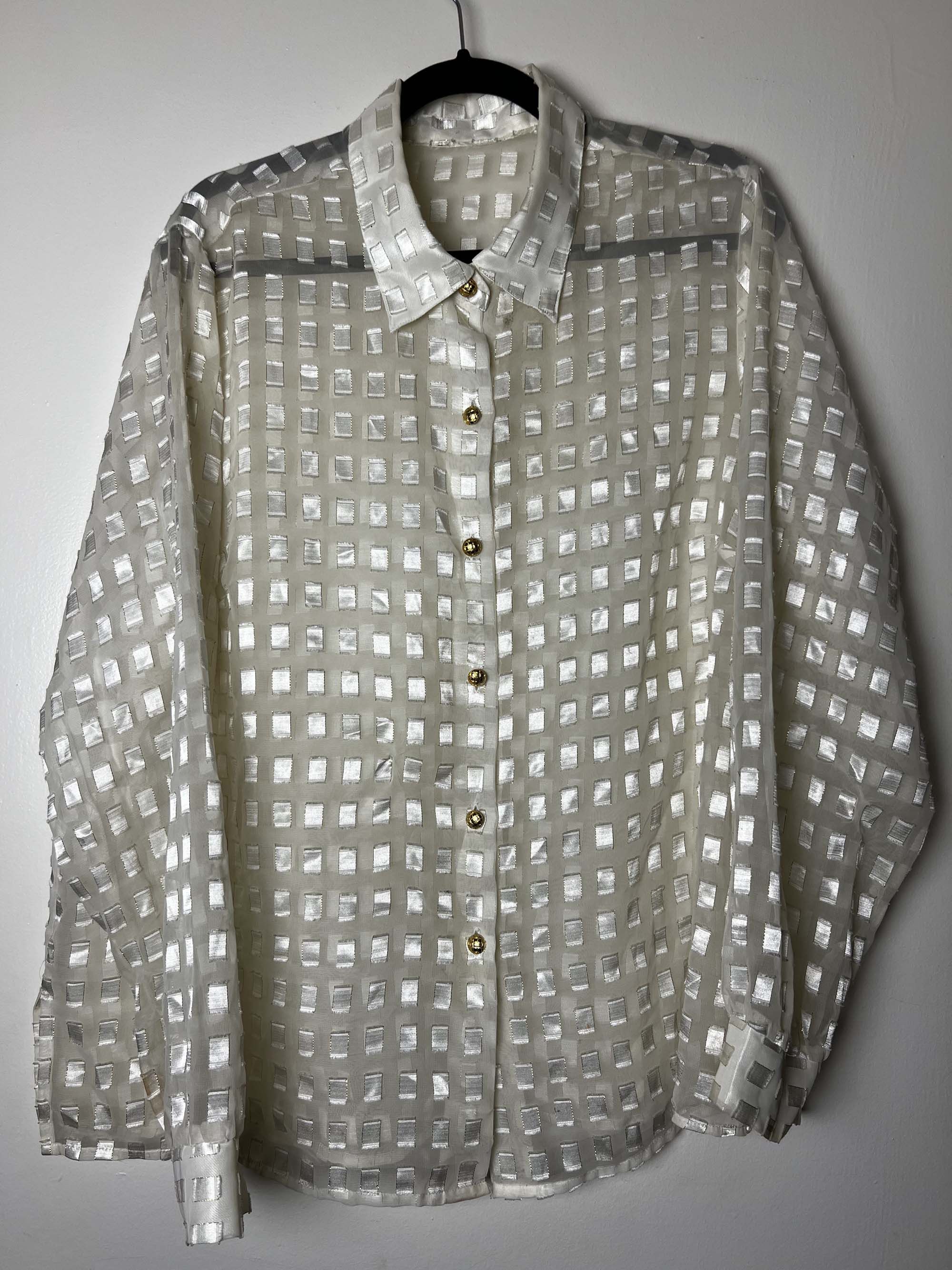 Vintage Vintage 1980's White Gold Block Patterned Sheer Button Up Size L / US 10 / IT 46 - 14 Thumbnail
