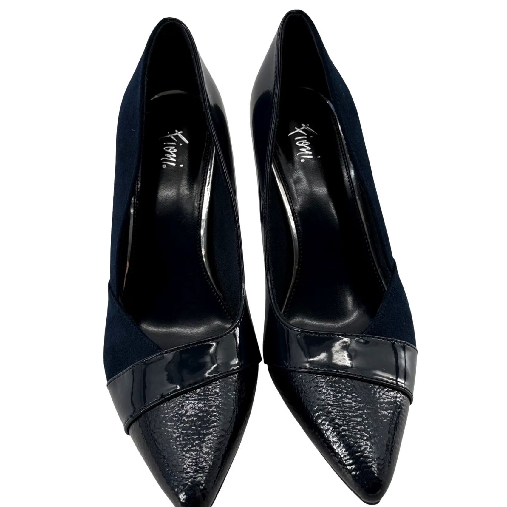 Vintage Fioni Pointed Toe Pump Navy Blue 7W Wide Kitten Heel Patent Suede Mixed Media Office Formal Women Shoes Size US 7 / IT 37 - 4 Thumbnail