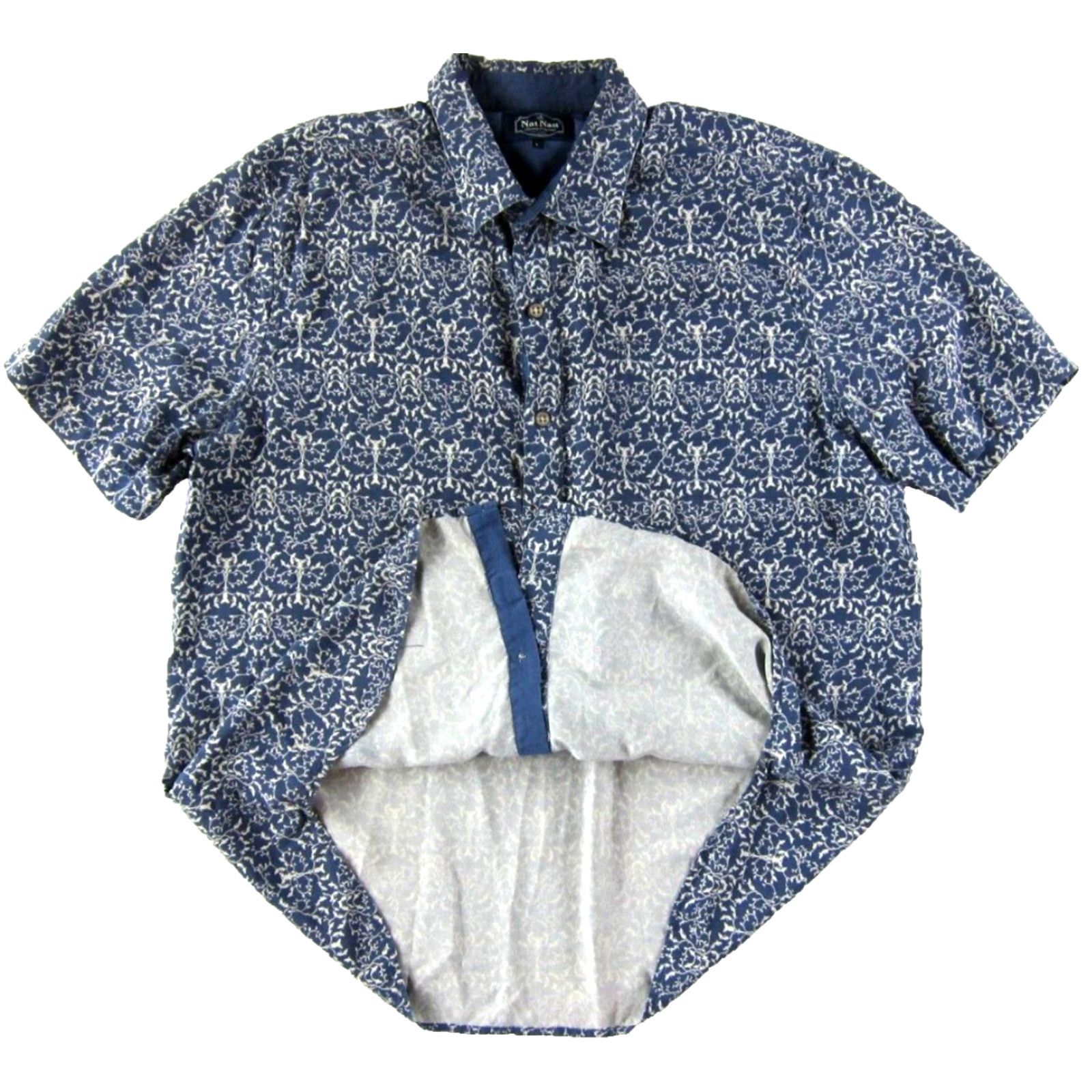 Nat Nast Nat Nast Shirt Men Large 100% Silk Blue White Floral Button Down Short Sleeve Size US L / EU 52-54 / 3 - 5 Thumbnail