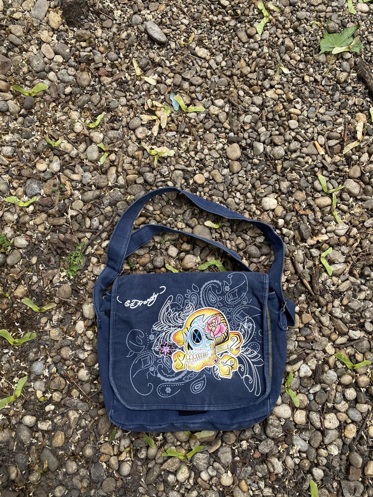 Ed Hardy Y2K Skate Denim Crossbody Bag in Blue, Men's