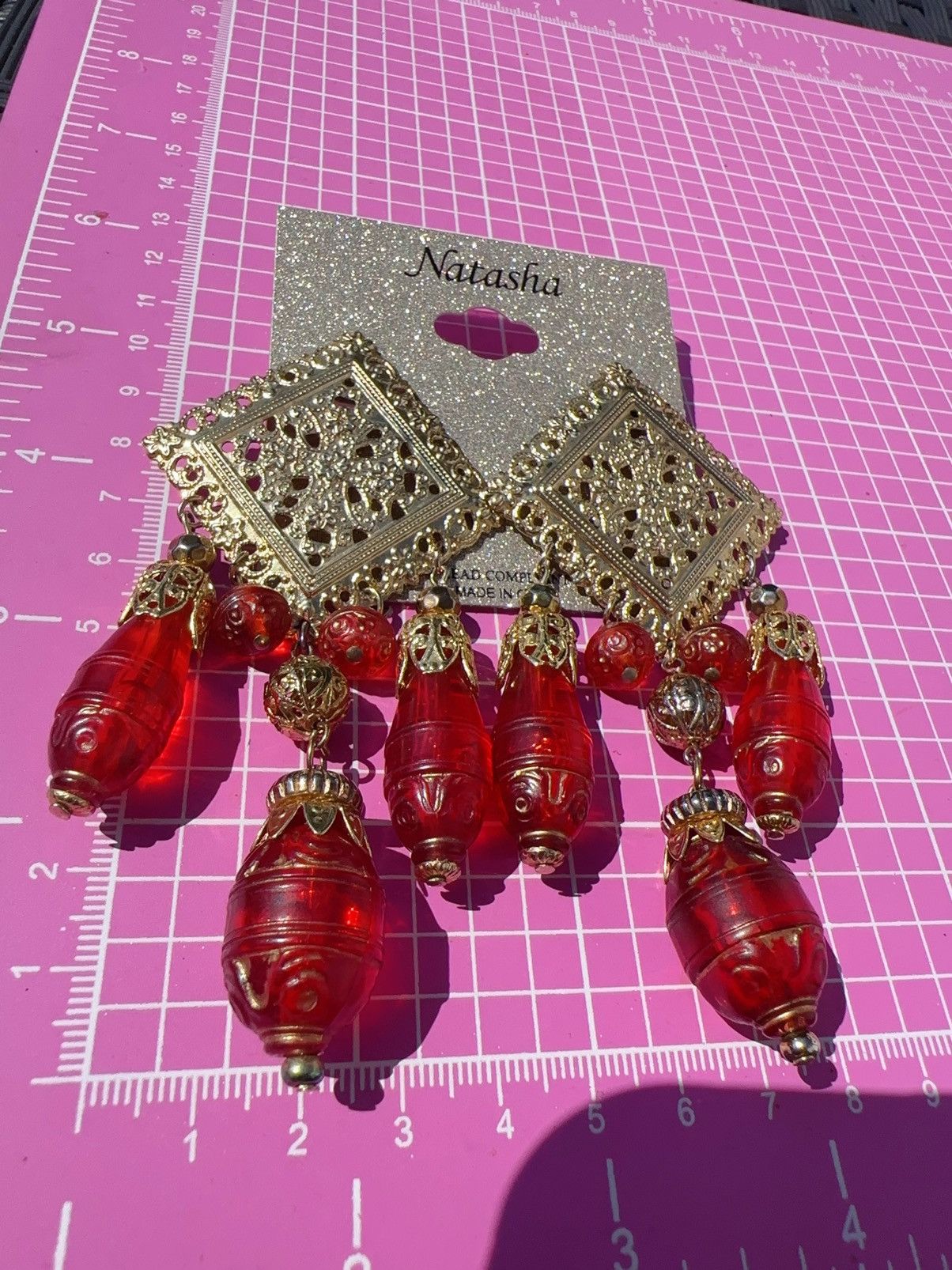 Designer Natasha red resin long beads drops earrings gold Indian Size ONE SIZE - 4 Thumbnail
