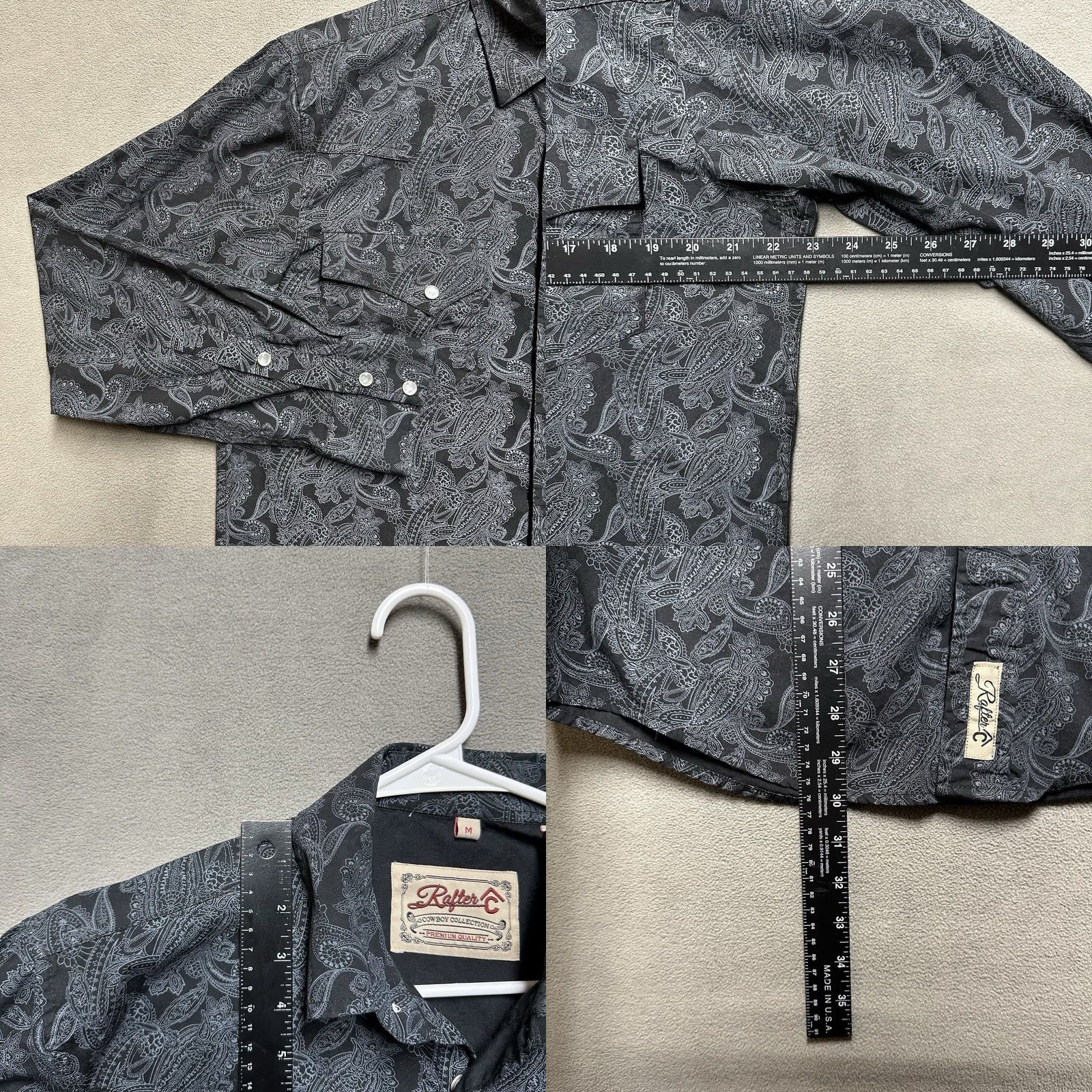 Vintage Rafter C Shirt Mens Medium Black/Gray Paisley Pearl Snap Cowboy Collection EUC Size US M / EU 48-50 / 2 - 8 Thumbnail