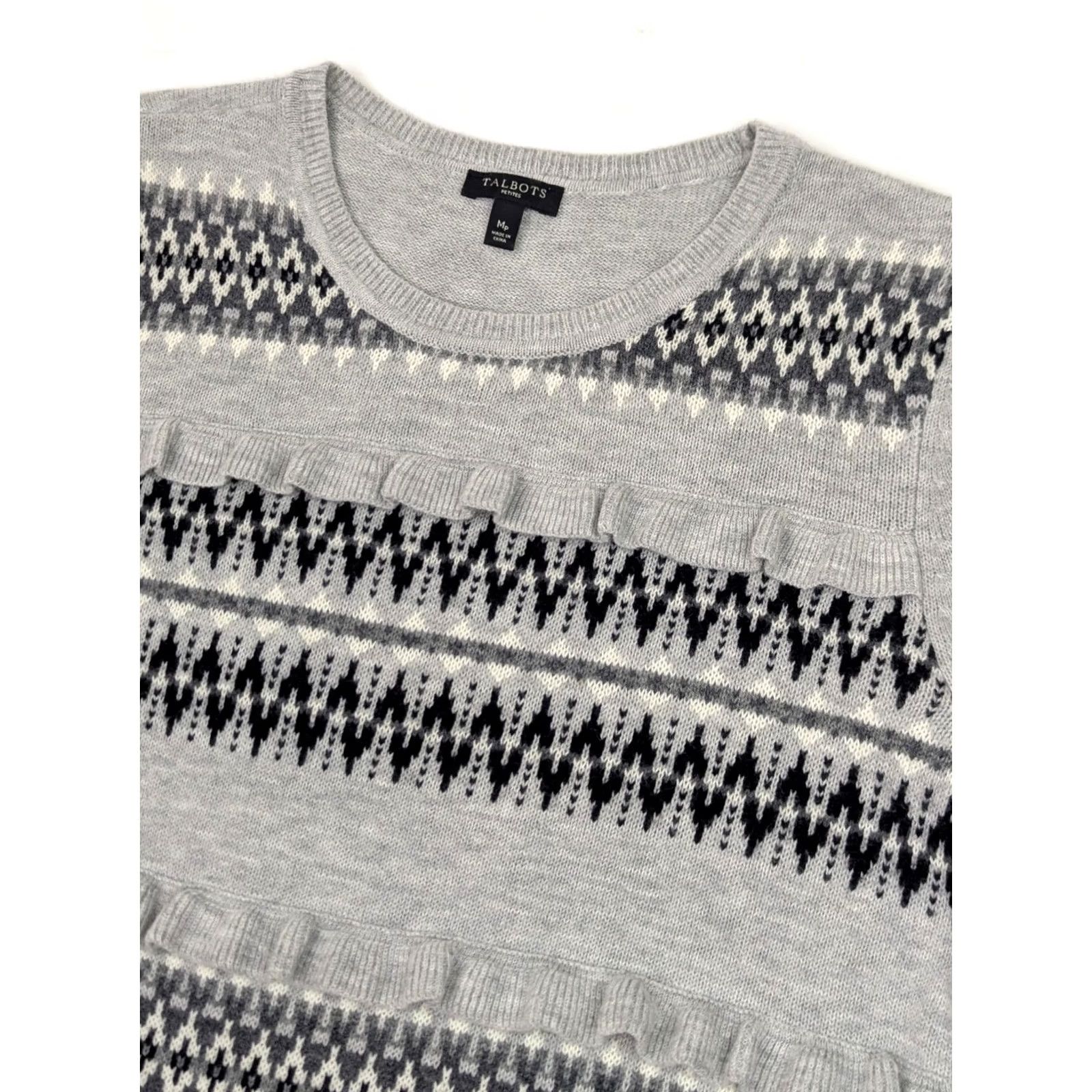 Talbots Talbots Nordic Print Ruffled Front Knit Sweater Women MP Gray Black Lambswool Blend Size M / US 6-8 / IT 42-44 - 3 Thumbnail