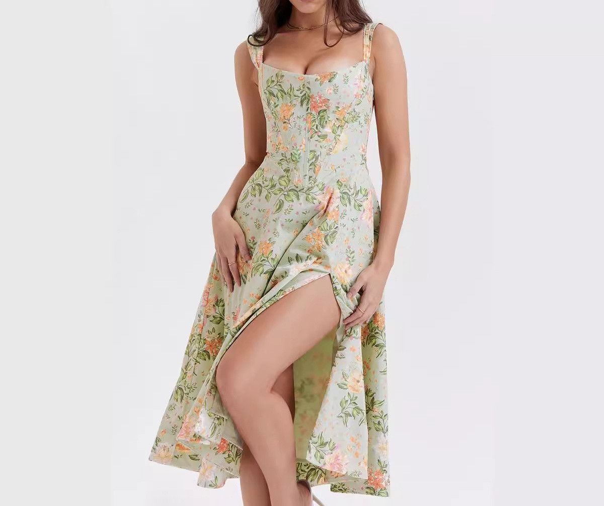 image of Vintage Sexy Sexy Floral Dress With Split Halter in Green, Women's (Size Medium)