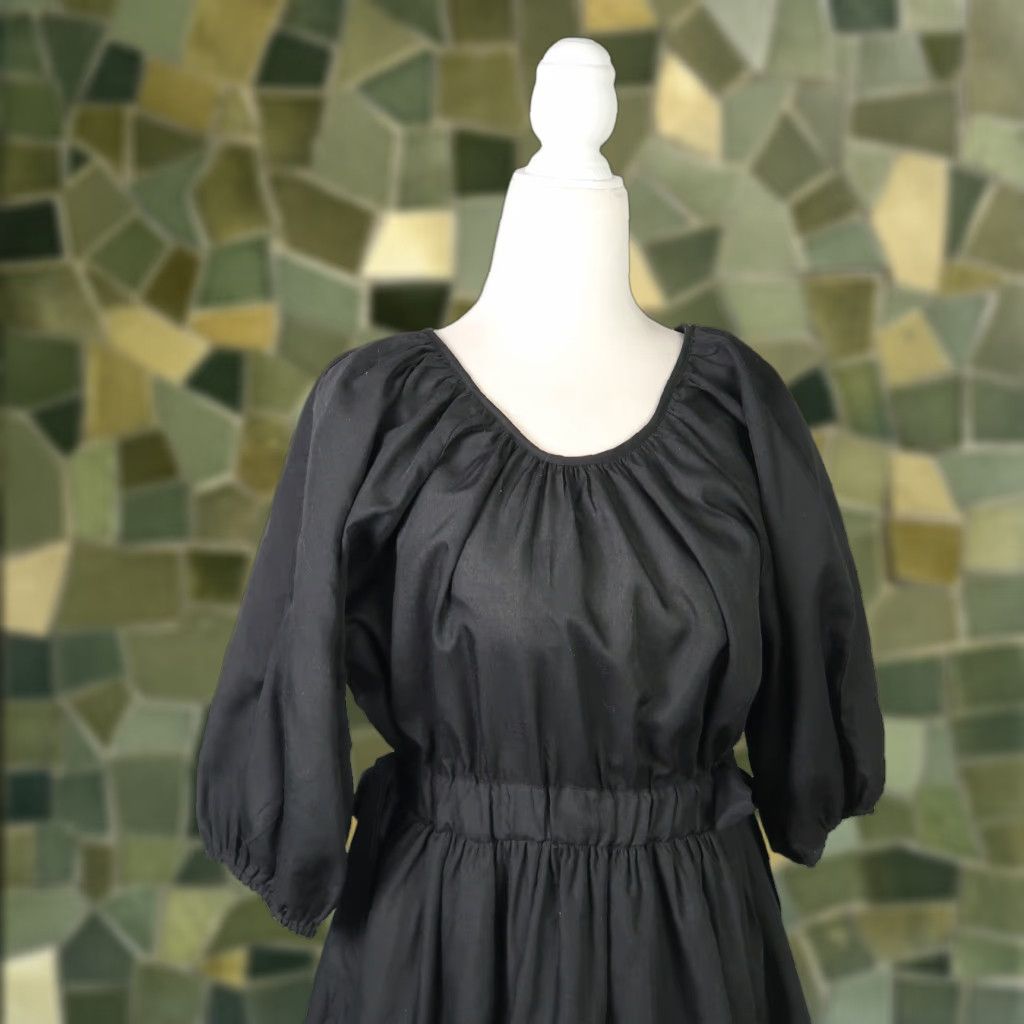 Vintage HYFVE Black Ruched Mini Dress L Women's Dress A-Line Short 3/4 Sleeves Waist Ties Polyester Cotton Adult Large Girls Men none Size L / US 10 / IT 46 - 1 Thumbnail