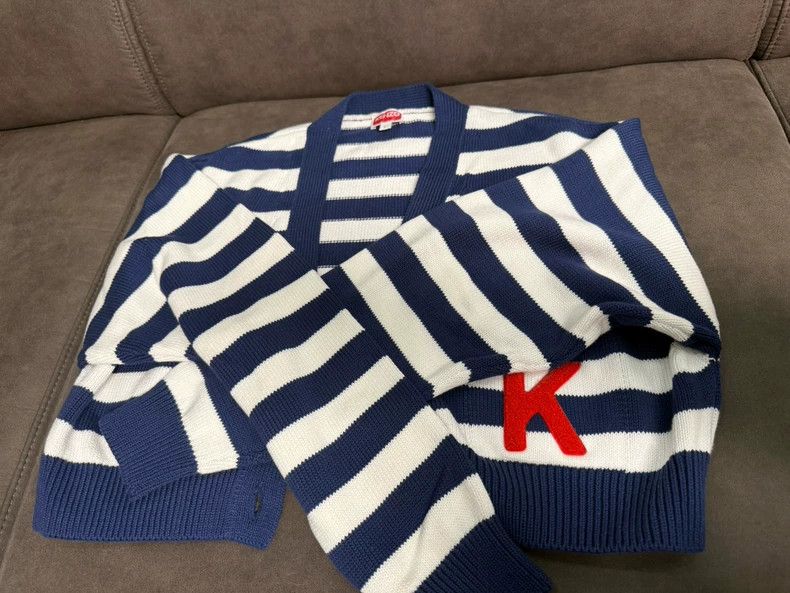 Kenzo KENZO V-neck blue and white striped knit cardigan Size L / US 10 / IT 46 - 1 Thumbnail