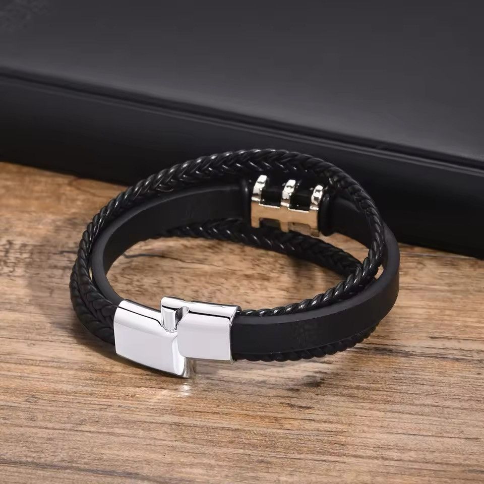 Jewelry × Leather New Gentle Black Mens Bracelet PU Leather Size ONE SIZE - 5 Thumbnail