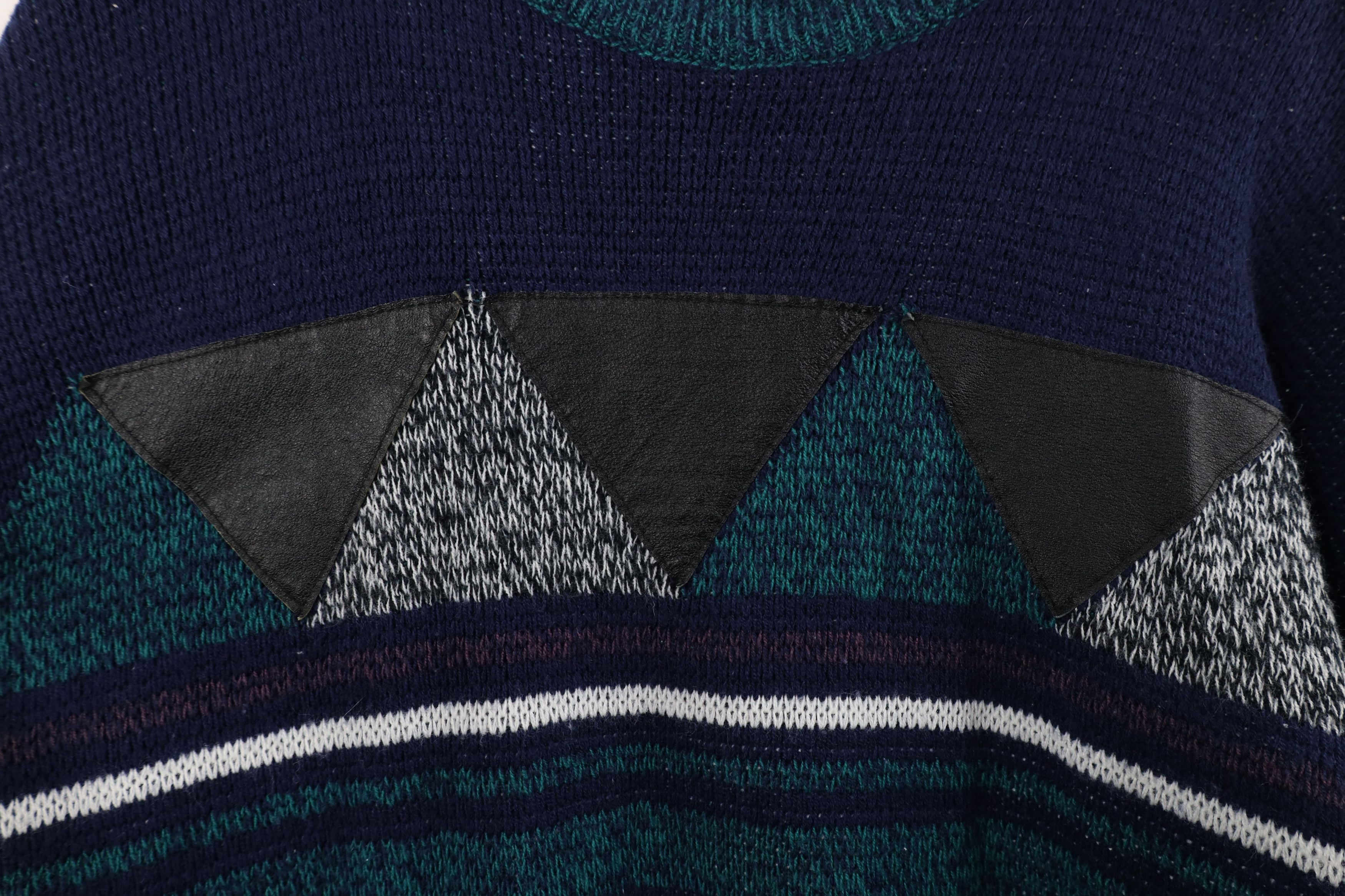 Vintage Vintage 90s Streetwear Geometric Leather Trim Knit Sweater Size US L / EU 52-54 / 3 - 4 Thumbnail