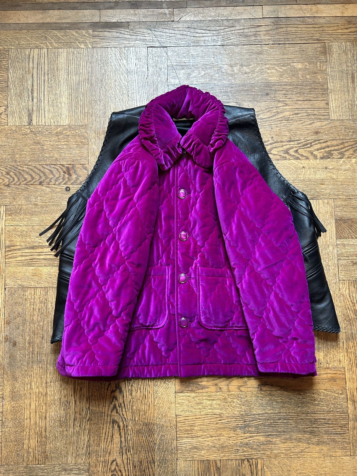 image of Balenciaga Runway Ss18 Hybrid Fringe Leather Vest/quilted Velvet Jacket in Magenta (Size Medium)