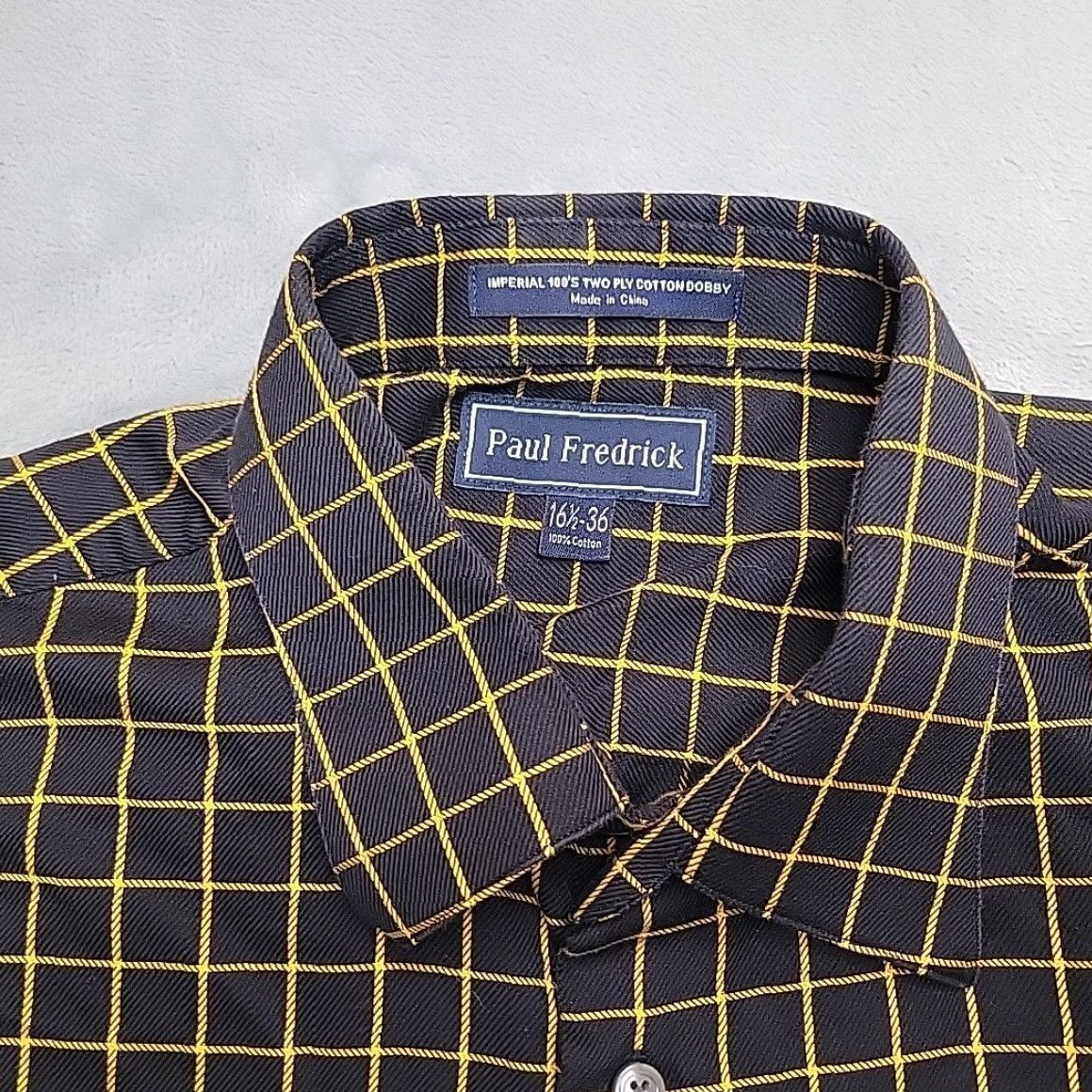 Vintage VINTAGE Paul Fredrick Shirt Mens 16.5 36 Black Gold Windowpane 100s 2 Ply Cotton Dress Size 46R - 3 Thumbnail