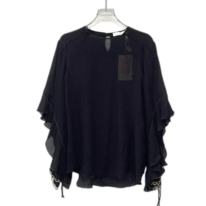 Black Beaded Silk Top with Ruffled Sleeves