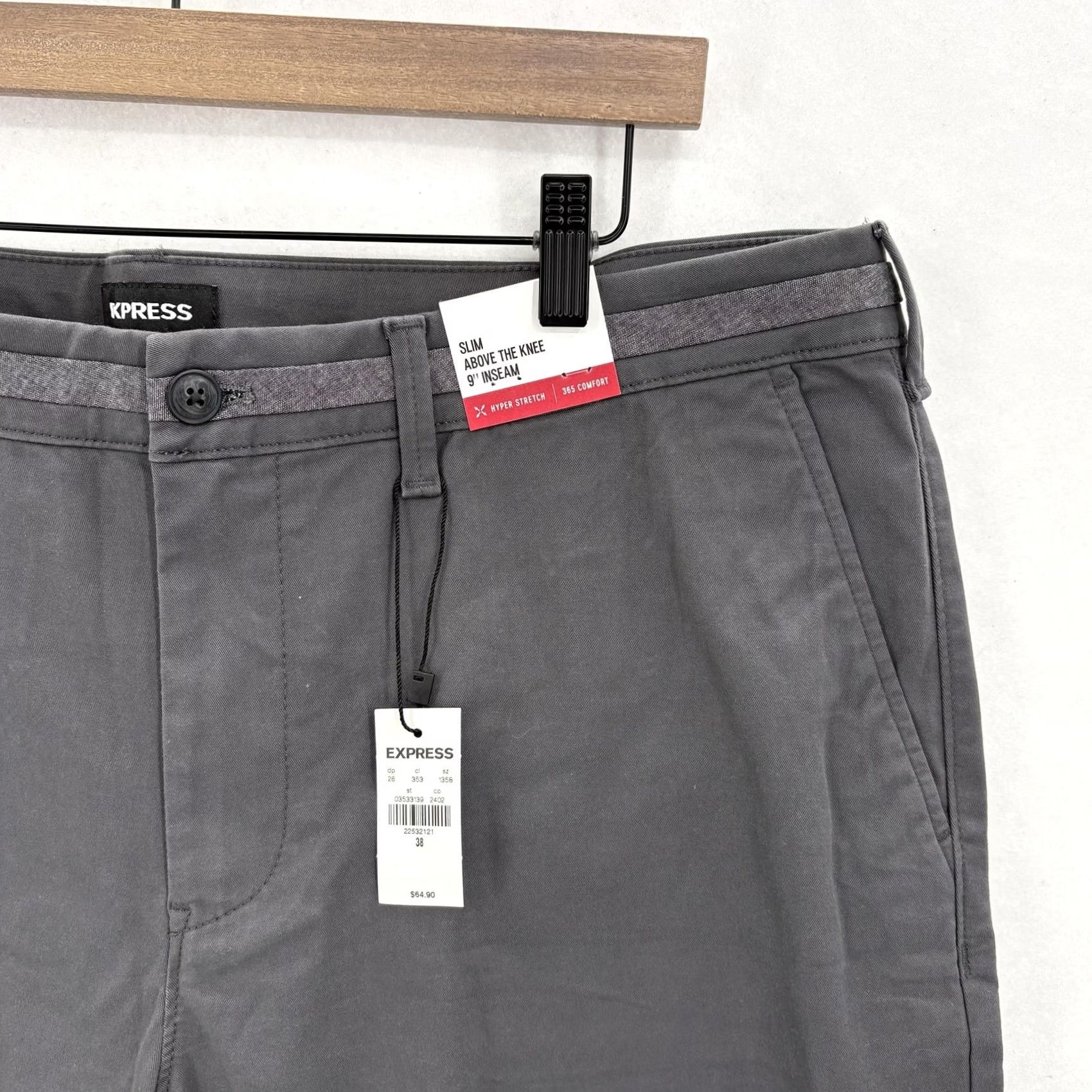 Express Express Shorts Mens 38 Gray Slim 9" Chino Cotton Polyester Spandex NWT Casual Pockets Stretch Front Flat Front Vintage No Size US 38 / EU 54 - 2 Thumbnail