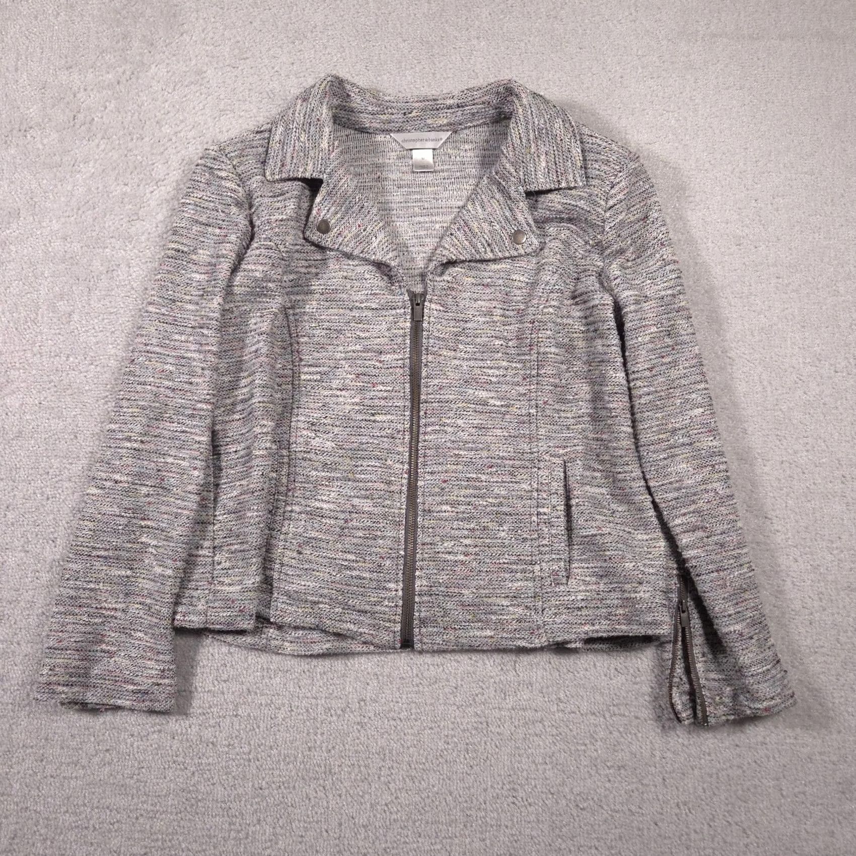 Vintage Christopher & Banks Jacket Womens M Gray Knit Moto Zip Snap Lapel Pockets Size M / US 6-8 / IT 42-44 - 2 Thumbnail