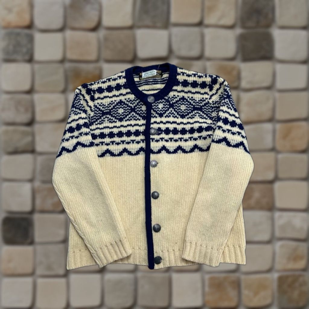Vintage Vtg Fur Edeltraud Sweater Womens Large Yellow Blue Wool Knit Cardigan Size L / US 10 / IT 46 - 1 Thumbnail