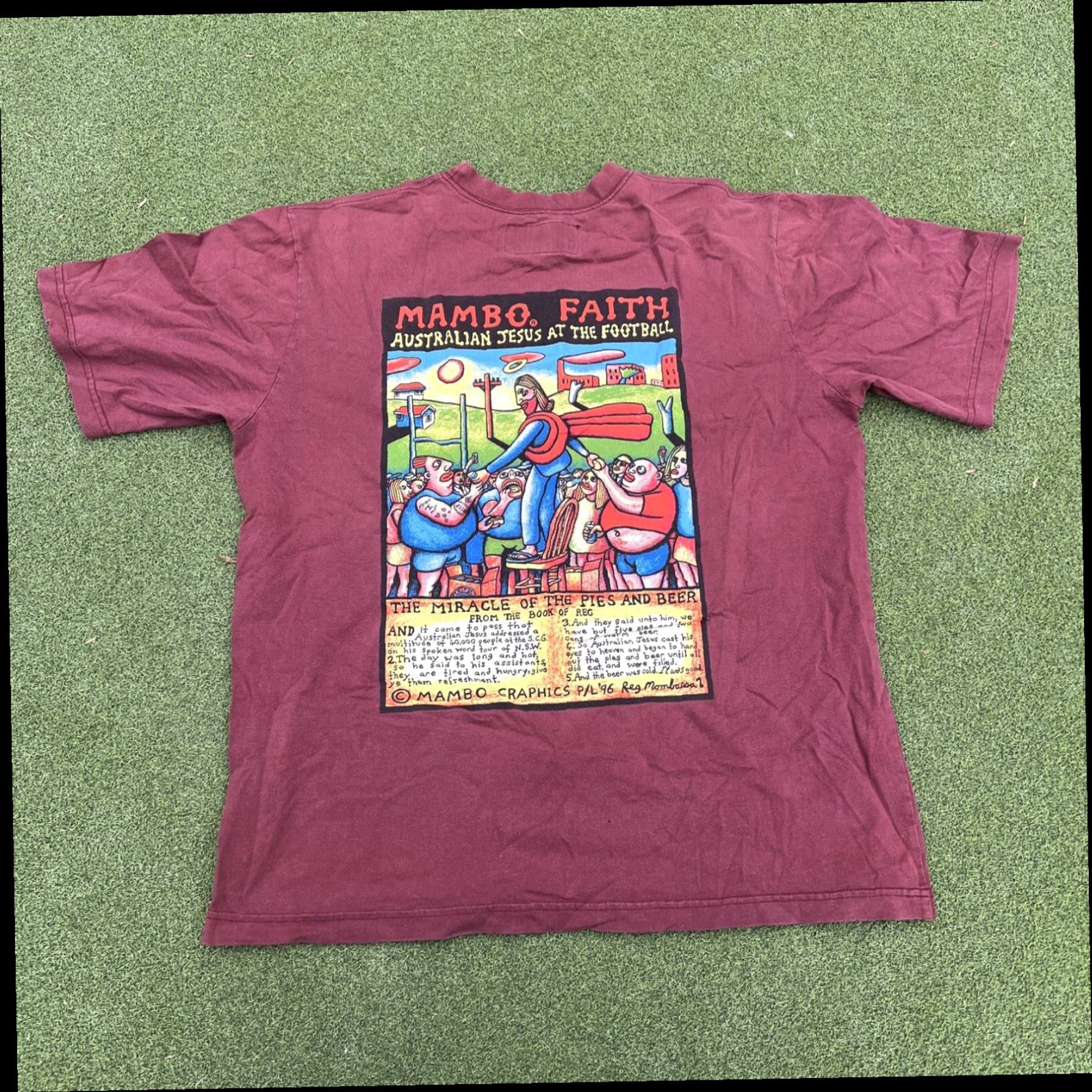 Mambo Vtg t shirt Mambo Faith Australian Jesus At The Football Medium 1996 Size US M / EU 48-50 / 2 - 1 Thumbnail