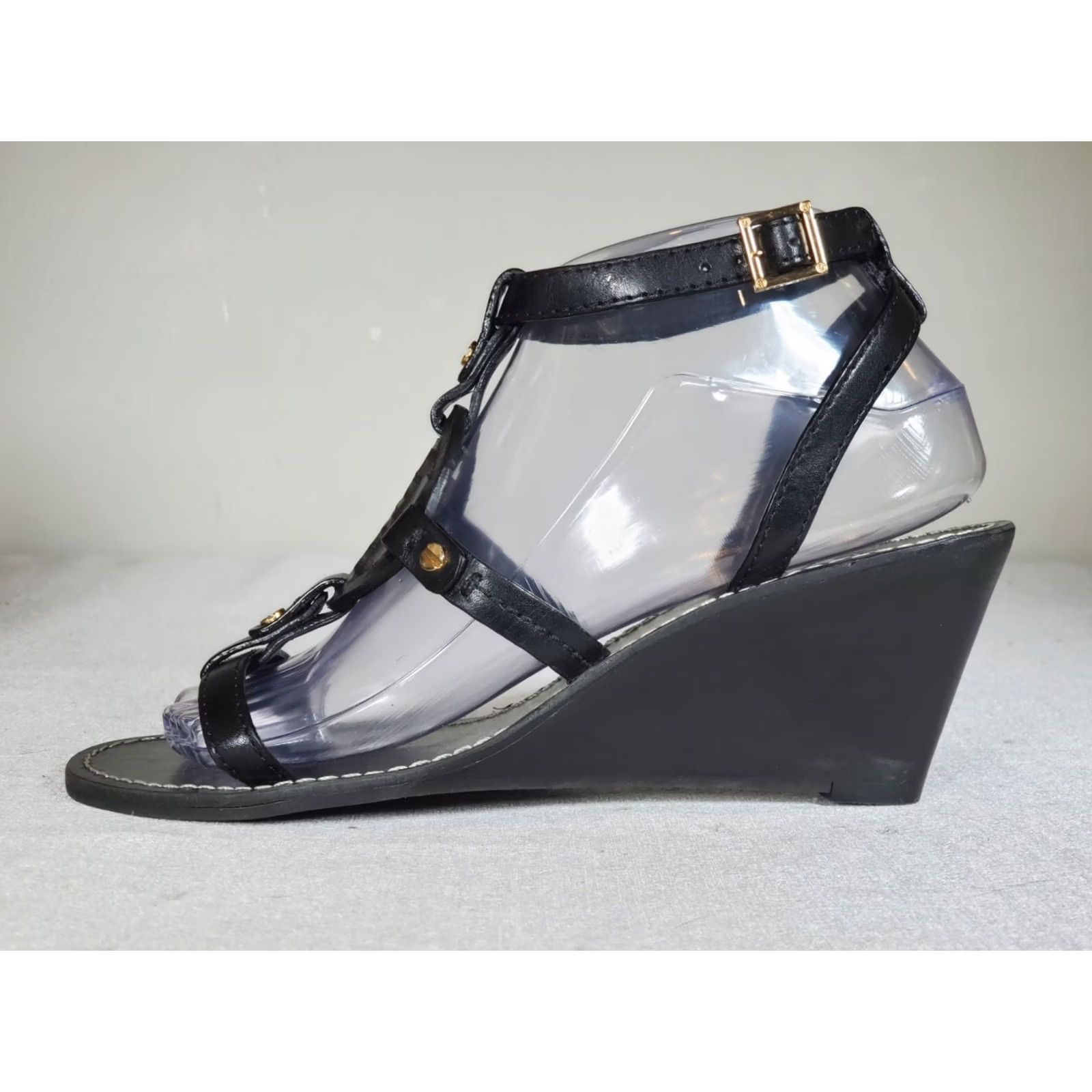 Tory Burch VINTAGE Tory Burch Miller Logo Ankle Strap Wedge Sandal Black Leather Women's US 7.5 M Size US 8 / IT 38 - 5 Thumbnail