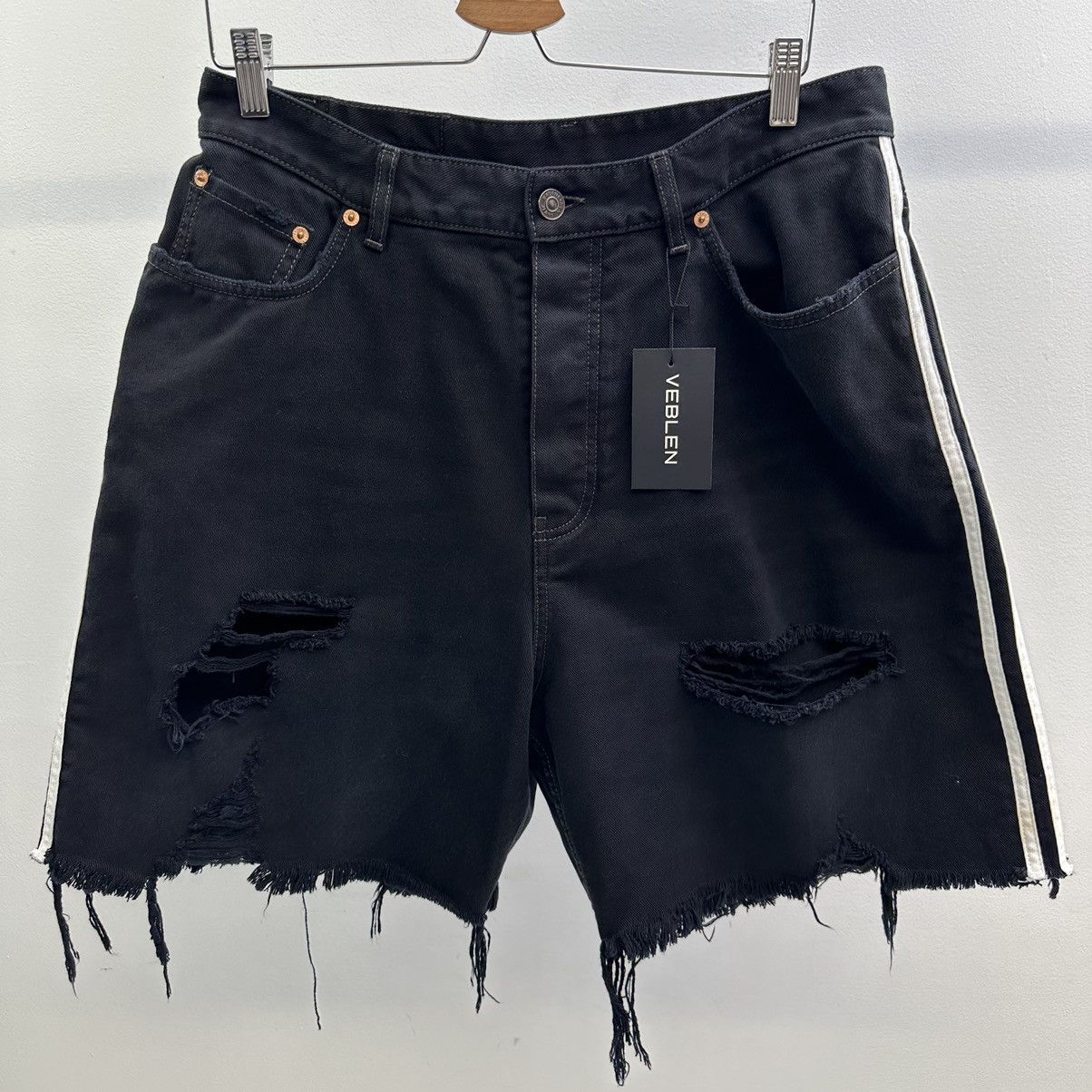 image of Adidas Distressed Denim Shorts in Black, Men's (Size 32)