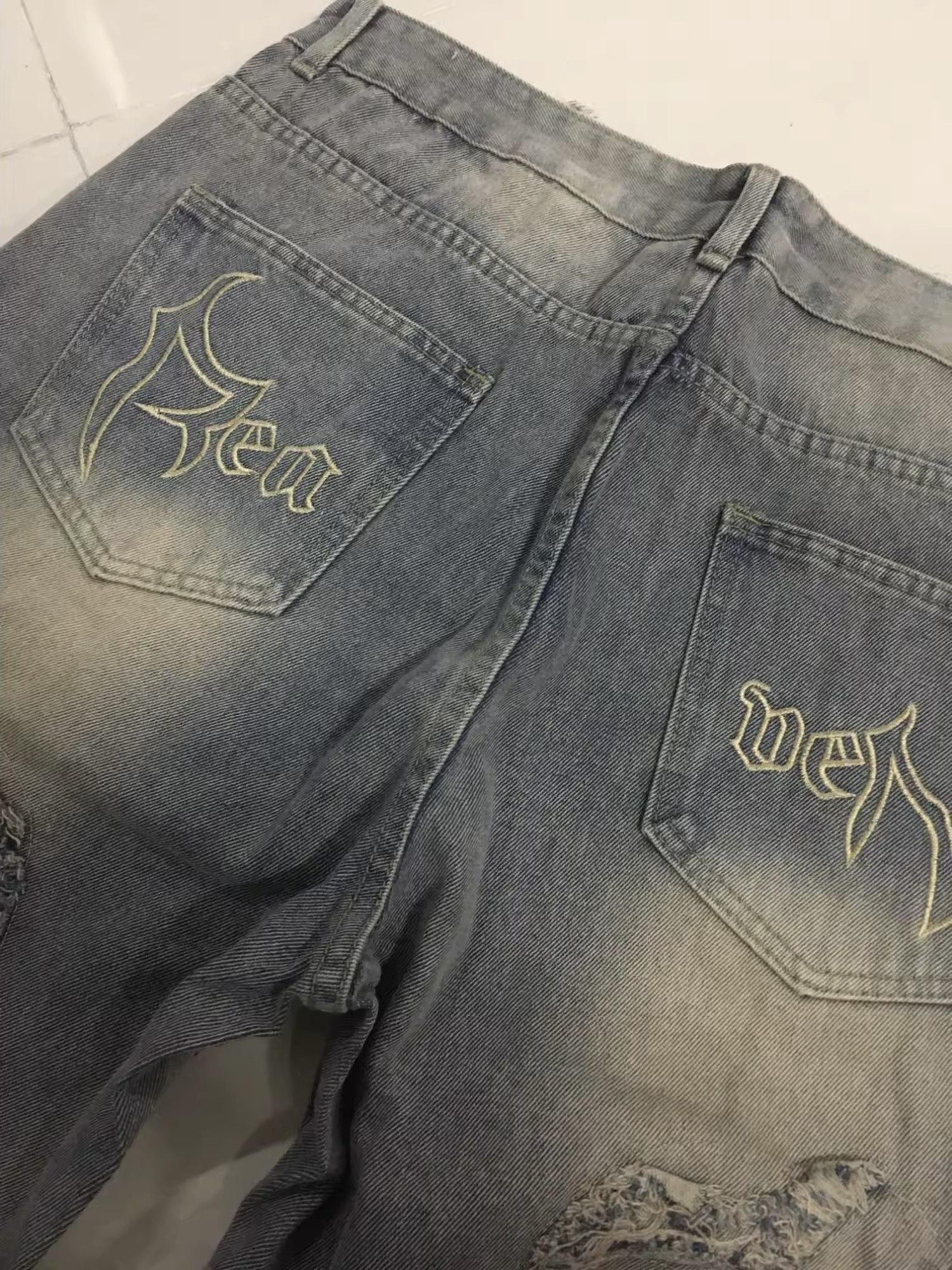 Jean × Vintage Harajuku Embroidered Flame Split Jeans Size US 31 - 5 Thumbnail