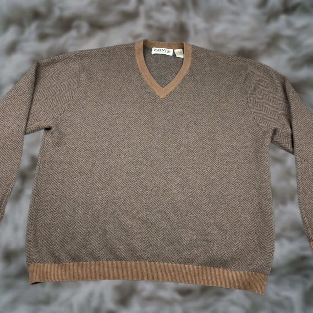 Orvis Orvis Men’s 100% Cashmere V-Neck Pullover Sweater Tan/Gray Herringbone Large V-Neck Men’s Pullover Sweater Cashmere Regular Fit Size US S / EU 44-46 / 1 - 1 Thumbnail