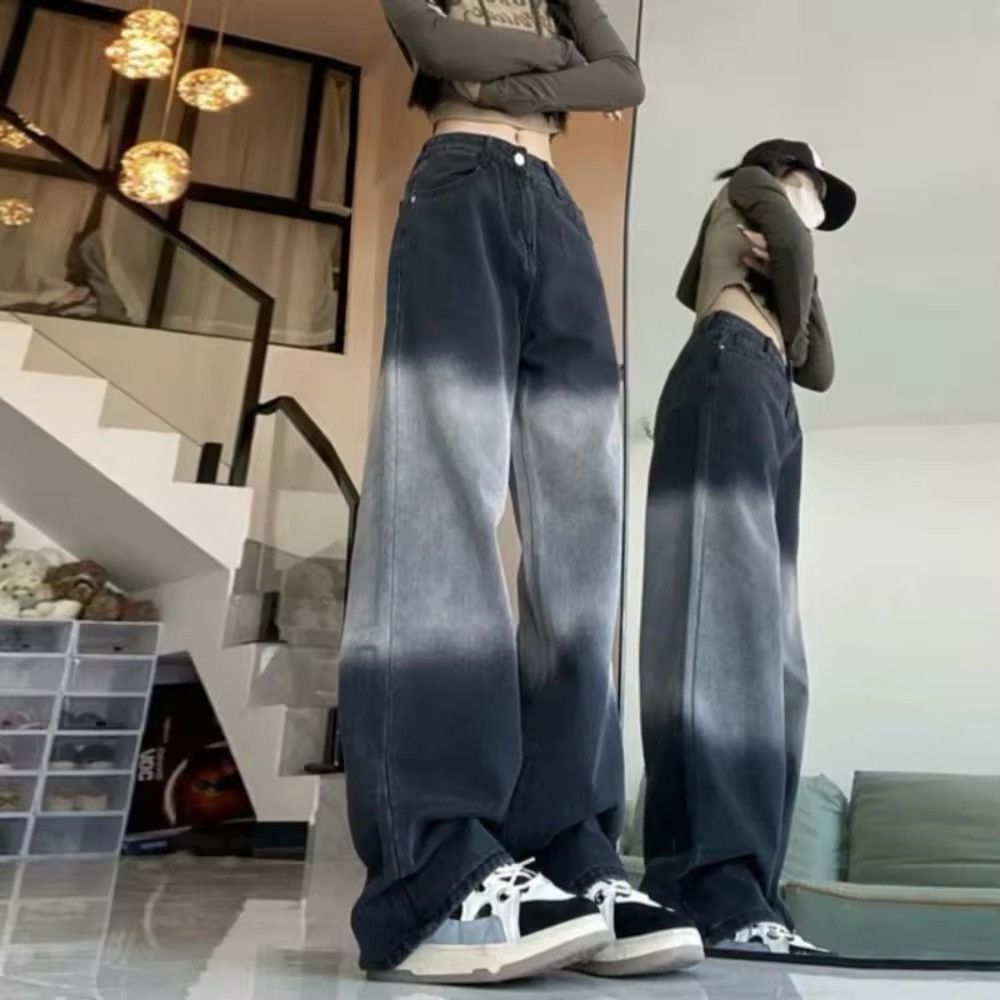 Wide-leg jeans female large black-gray gradient meat design