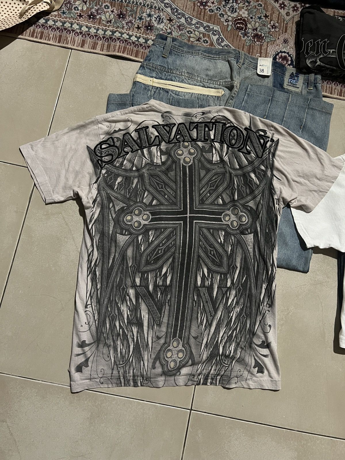 Affliction × Vintage Y2K SALVATION BLACK LABEL CROSSES ALL OVERPRINT TEE Size US M / EU 48-50 / 2 - 2 Thumbnail