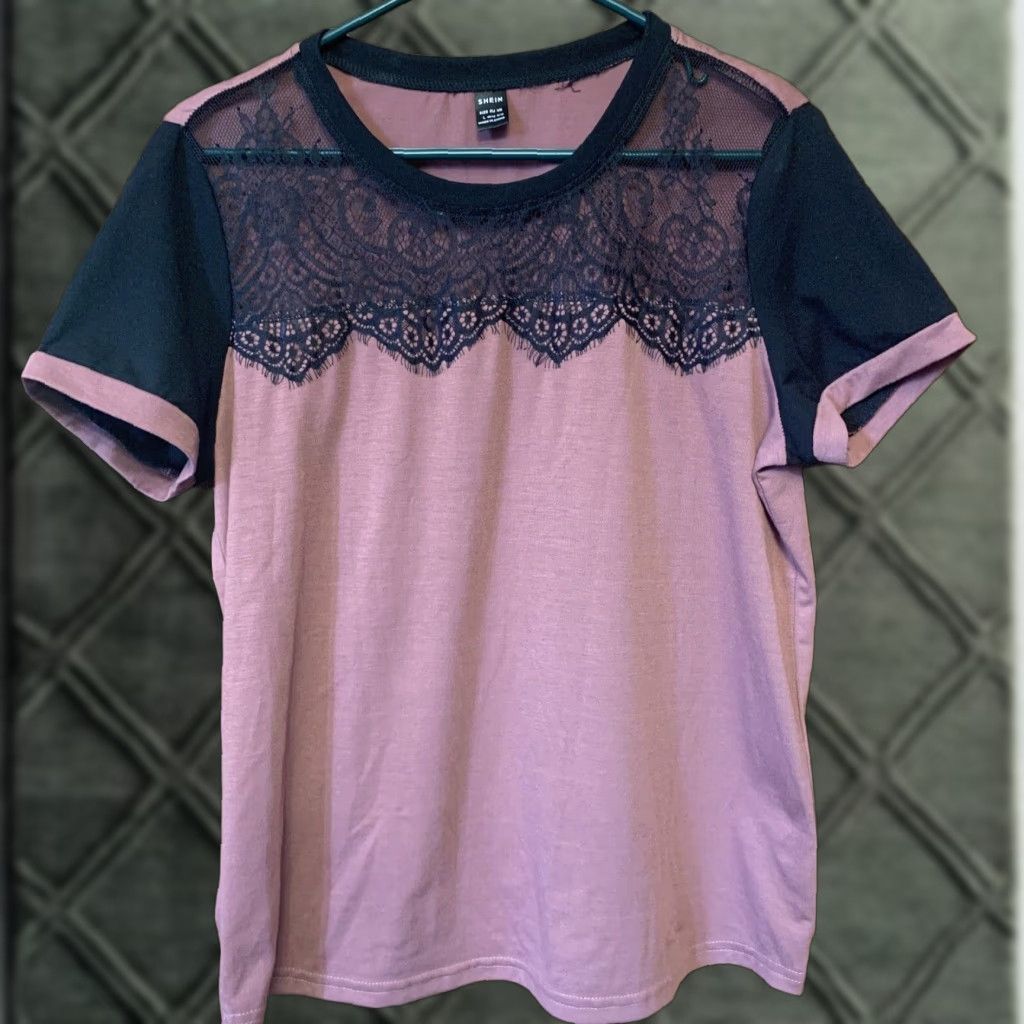 Shein SheIn Lace Top T-Shirt Pink L Women Short Sleeve Round Neck Pullover Casual Travel Basic Regular Stretch 25" Length 20" Pit to Pit Size L / US 10 / IT 46 - 1 Thumbnail
