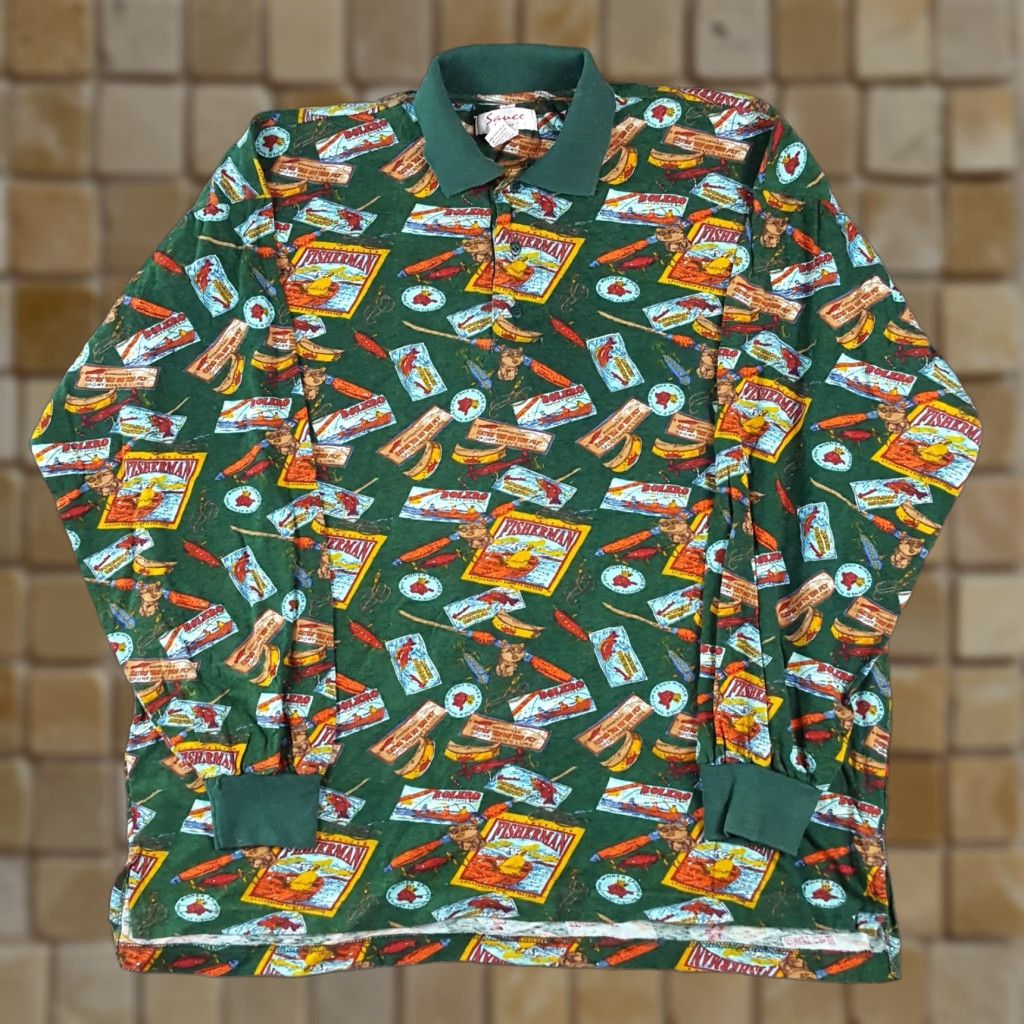 Vintage VINTAGE Sauce Polo Shirt Shirt XL Green Fisherman All Over Print Button Collar Polo Shirt 90s Outdoor Fashion Size US XL / EU 56 / 4 - 1 Thumbnail
