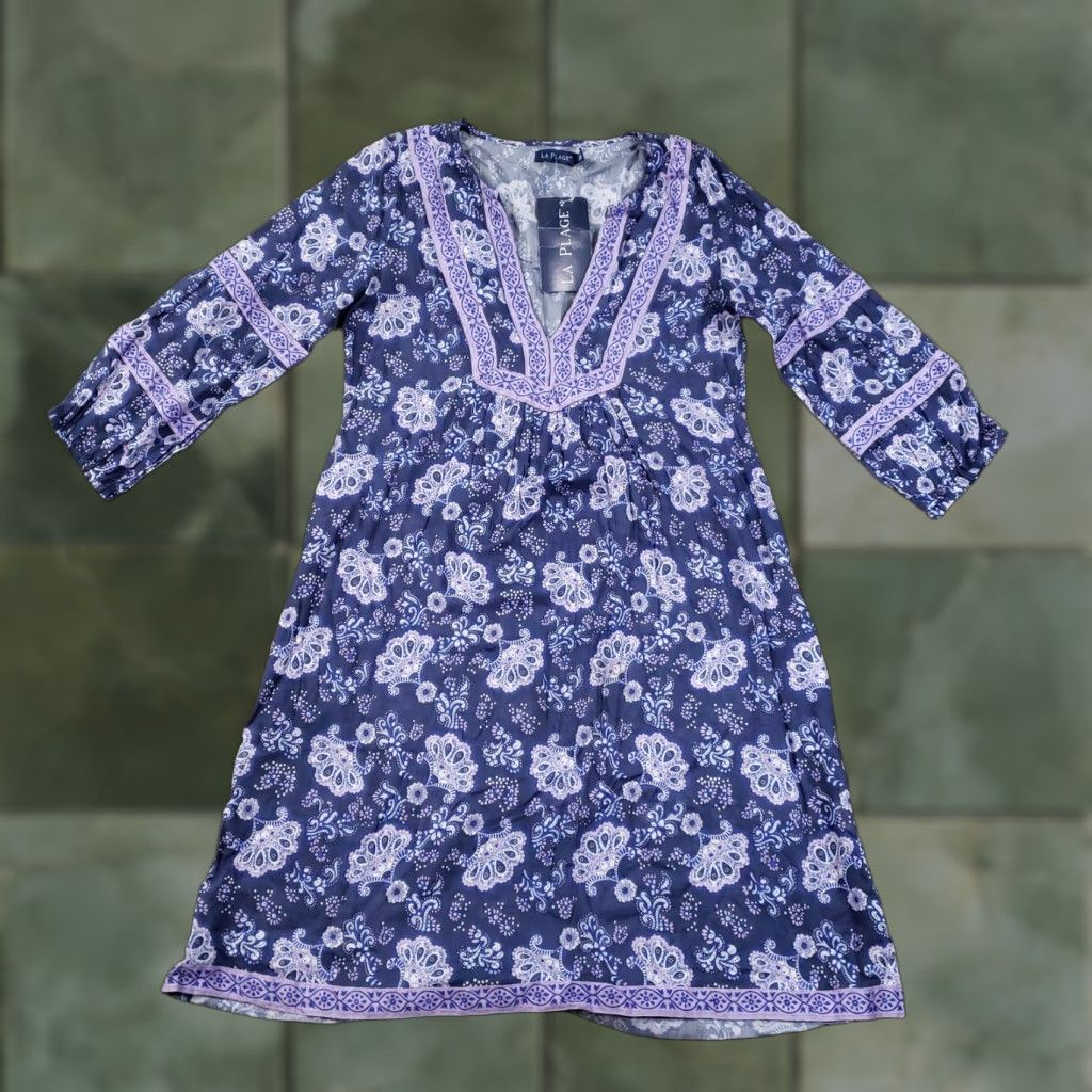 Vintage VINTAGE La Plage Jordan Tunic Dress Womens 2XS Blue Floral 3/4 Sleeve V-Neck Short Dress Womens XXS Blue Floral 3/4 Sleeve V-Neck Pullover Dress Size XXS / US 00 / IT 34 - 1 Thumbnail
