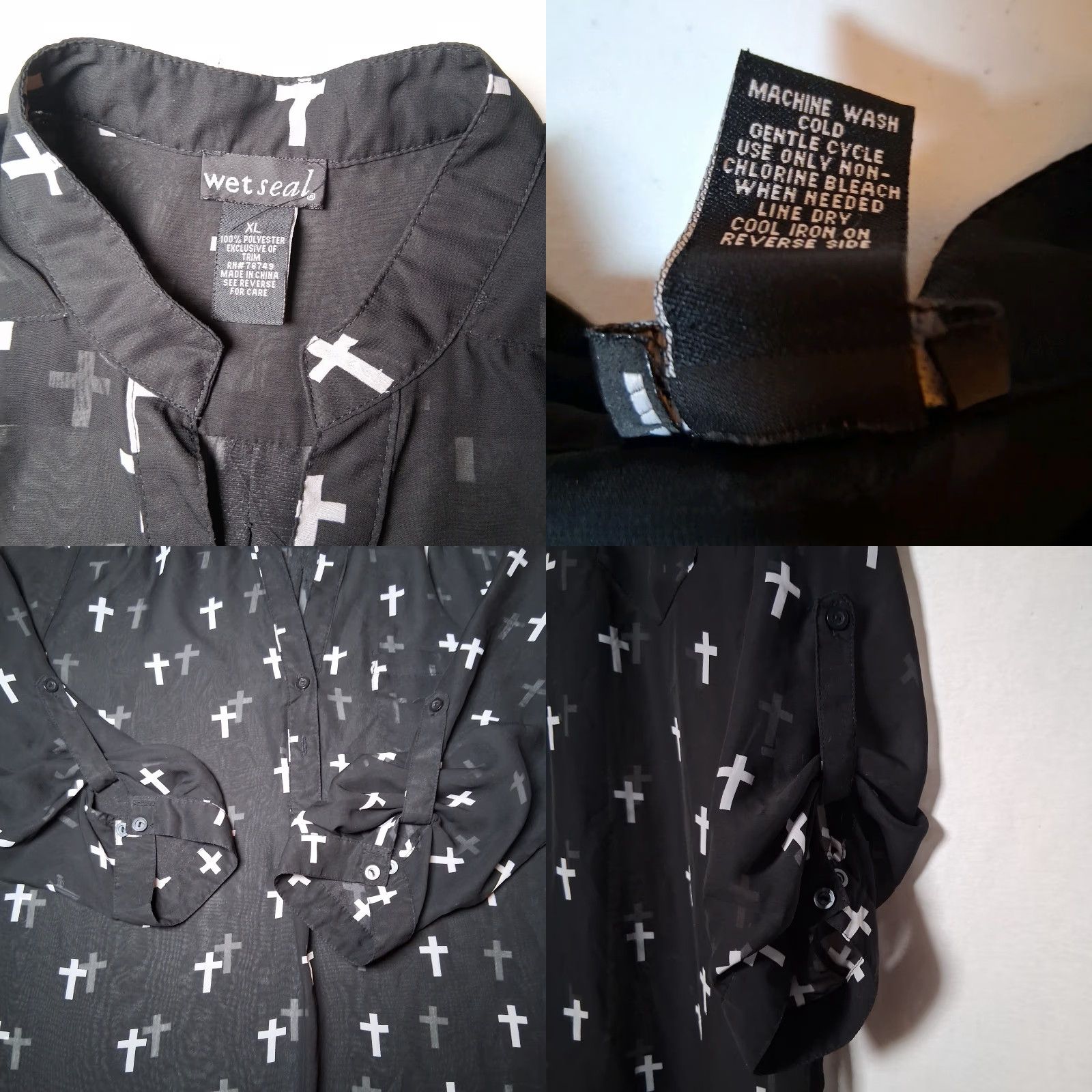 Vintage VINTAGE Emo Holy Cross Blouse XL Black Sheer Roll Tab Sleeve Henley Button Ladies Long Sleeve Gothic Casual Womens Size XL / US 12-14 / IT 48-50 - 8 Thumbnail