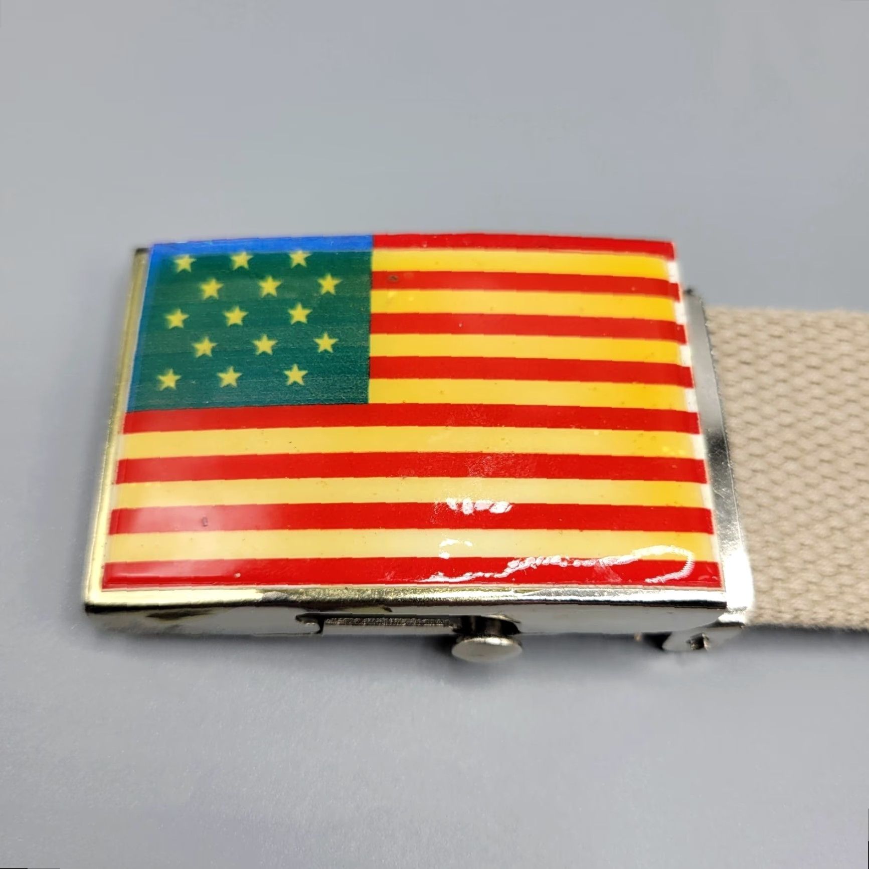 Vintage USA Flag Belt 42" Adjustable Canvas Metal Buckle Unisex Adults Beige Embroidered USA and Flag Size 42 - 2 Thumbnail